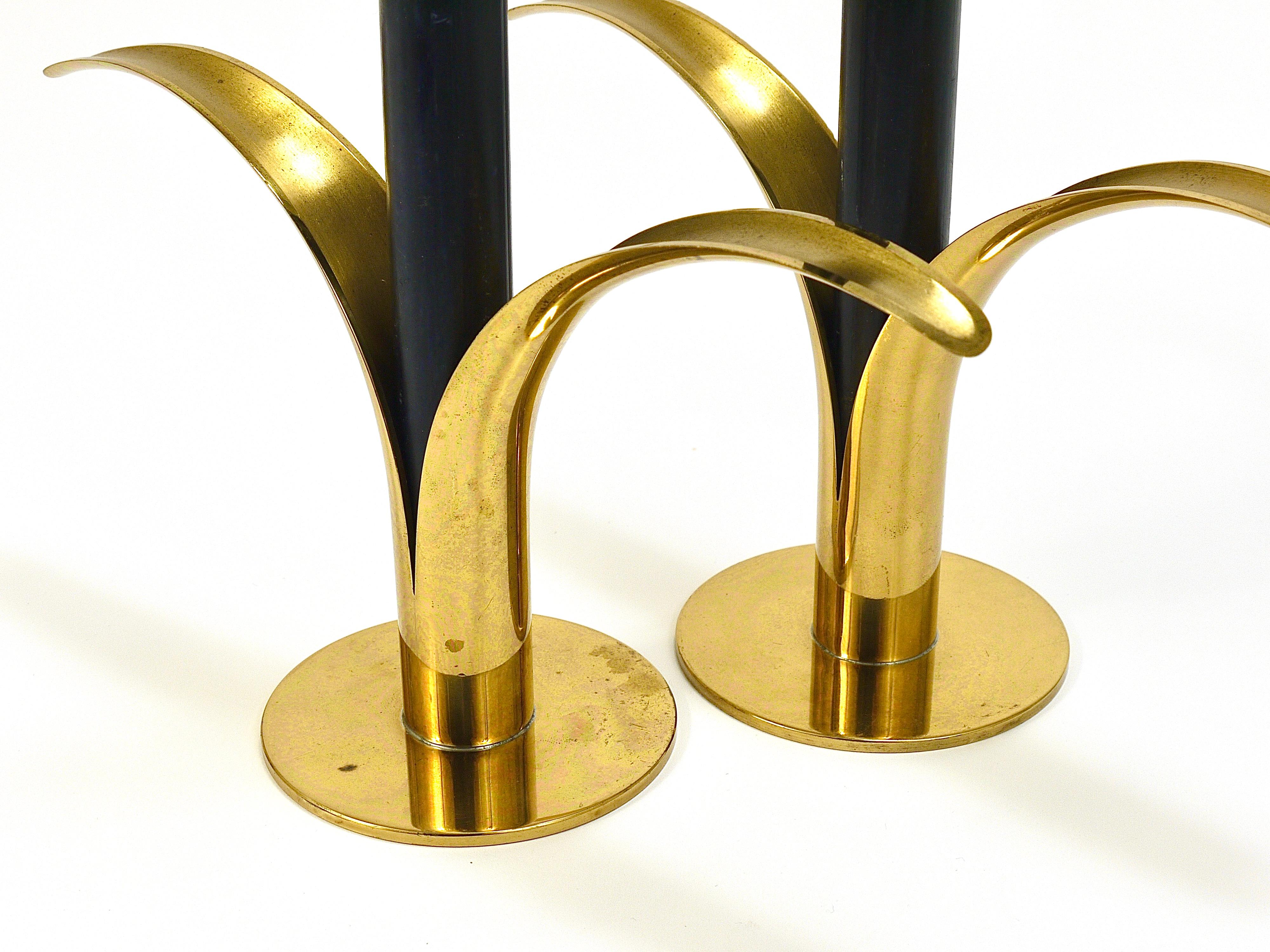 Art Deco Two Ivar Åhlenius Björk Liljan Brass Candlesticks, Ystad Metall, Sweden, 1950s For Sale