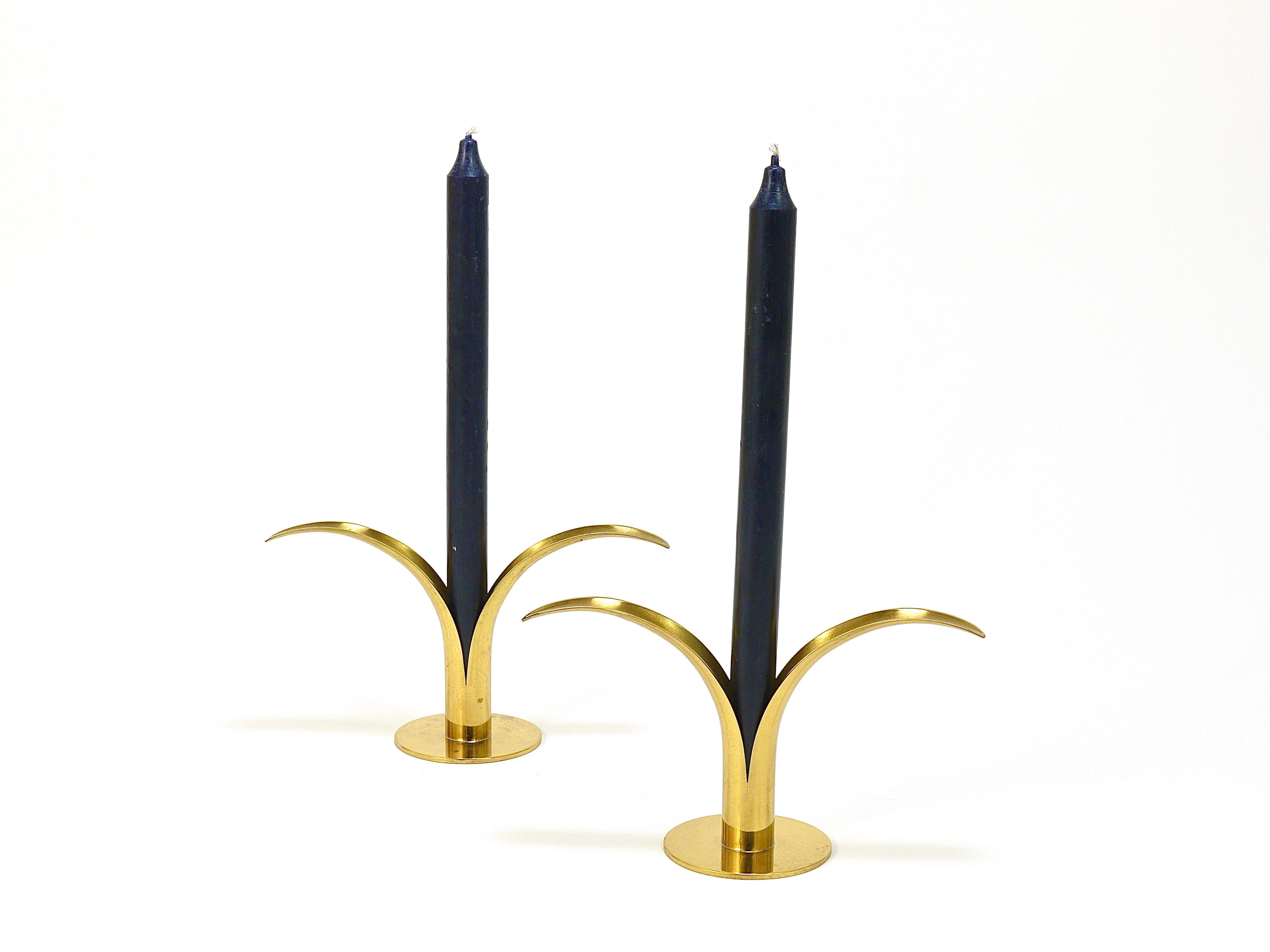 Two Ivar Åhlenius Björk Liljan Brass Candlesticks, Ystad Metall, Sweden, 1950s For Sale 1