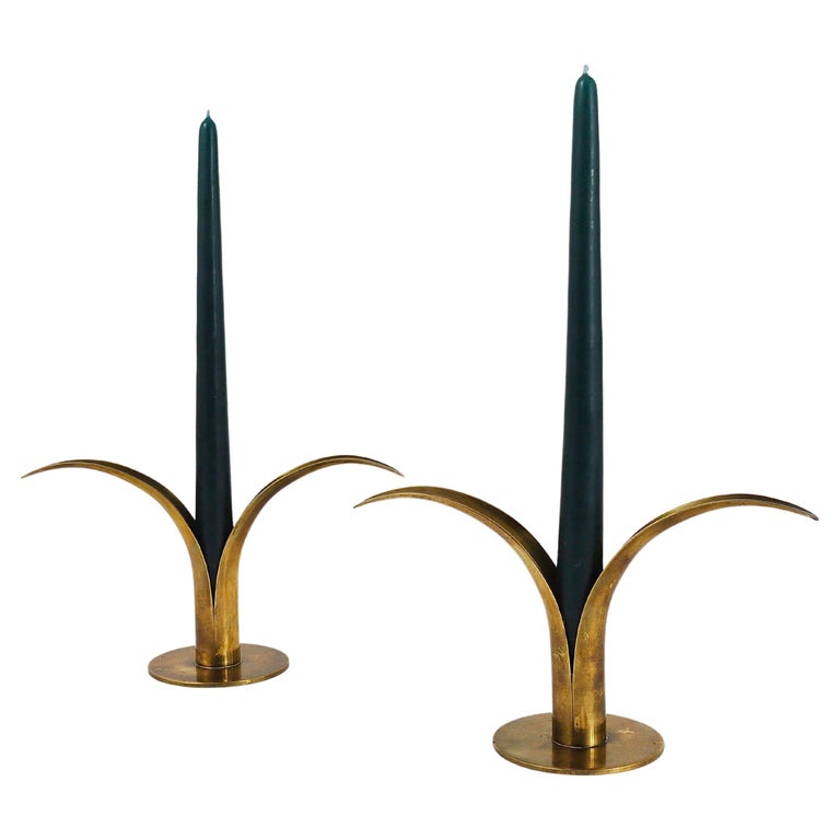 Two Ivar Åhlenius Björk Liljan Brass Candlesticks, Ystad Metall, Sweden,  1950s For Sale at 1stDibs