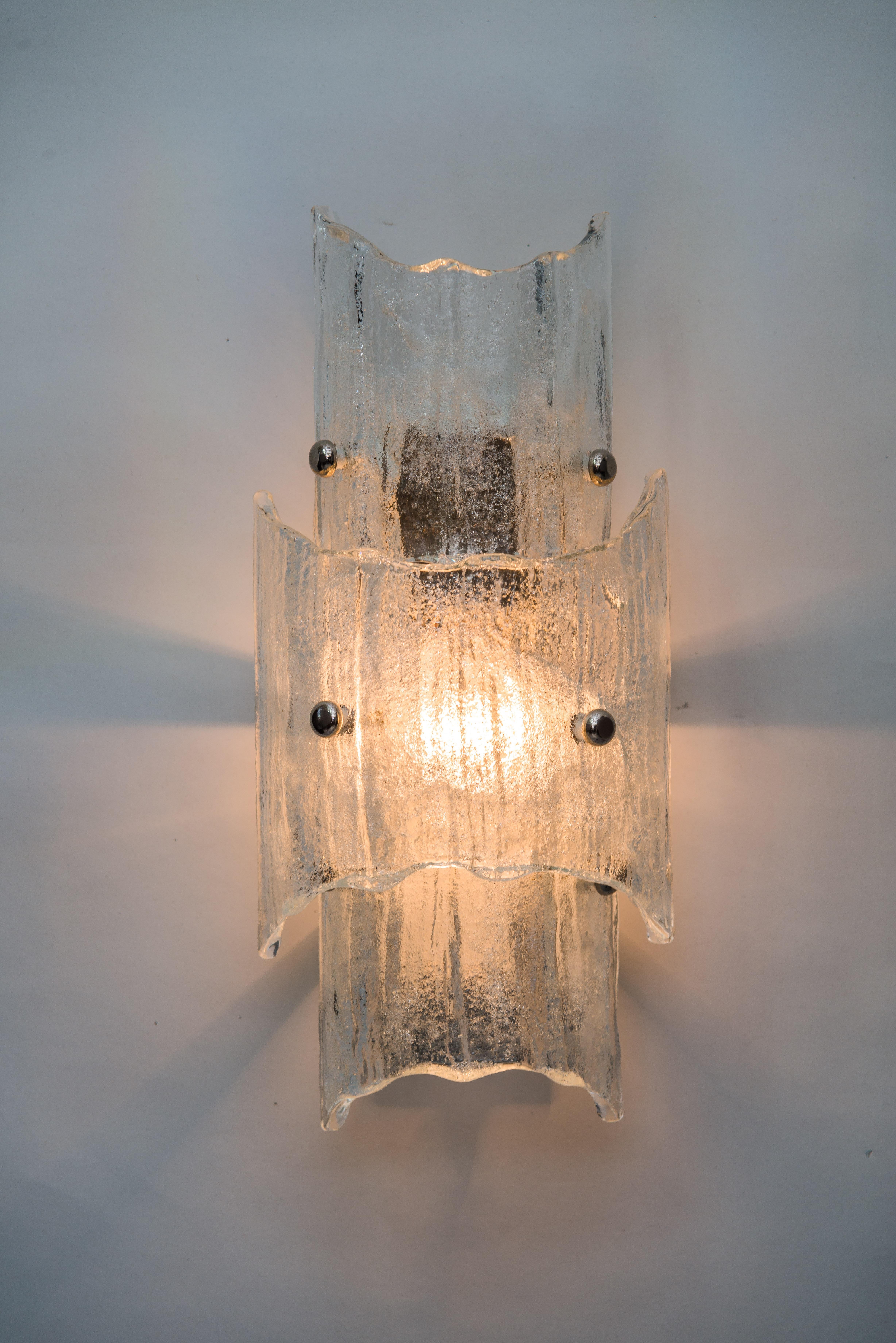 Mid-20th Century Two J. T Kalmar Ice Glass Sconces, circa 1950s