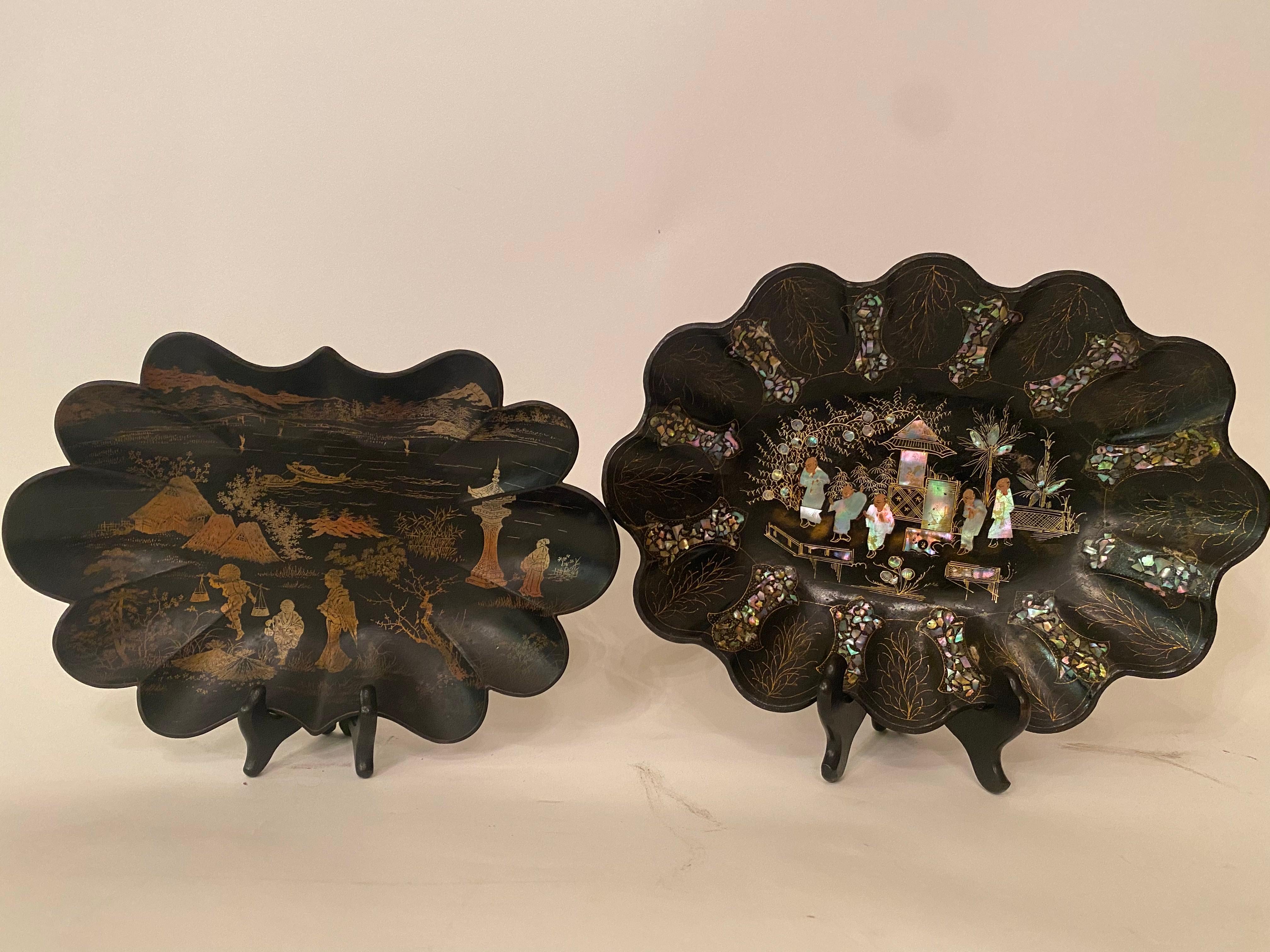 Two Japanese Mother of Pearl Wood Dishes For Sale 8