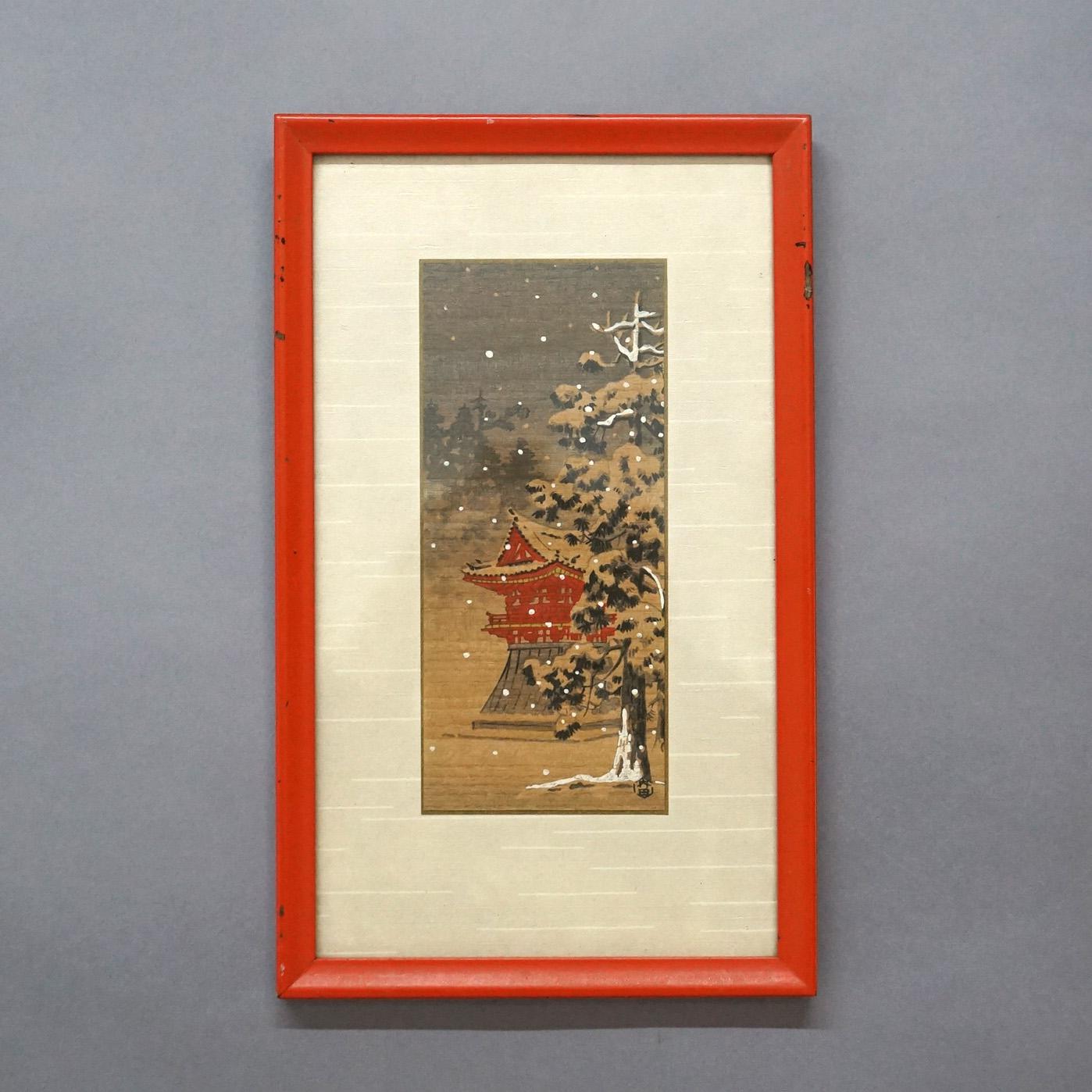 Two Japanese Utagawa Hiroshige Woodblock Prints  & One Watercolor on Silk 20thC In Good Condition For Sale In Big Flats, NY