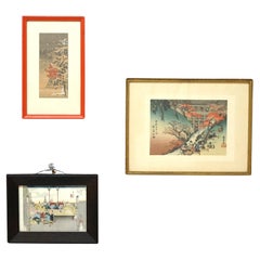 Vintage Two Japanese Utagawa Hiroshige Woodblock Prints  & One Watercolor on Silk 20thC