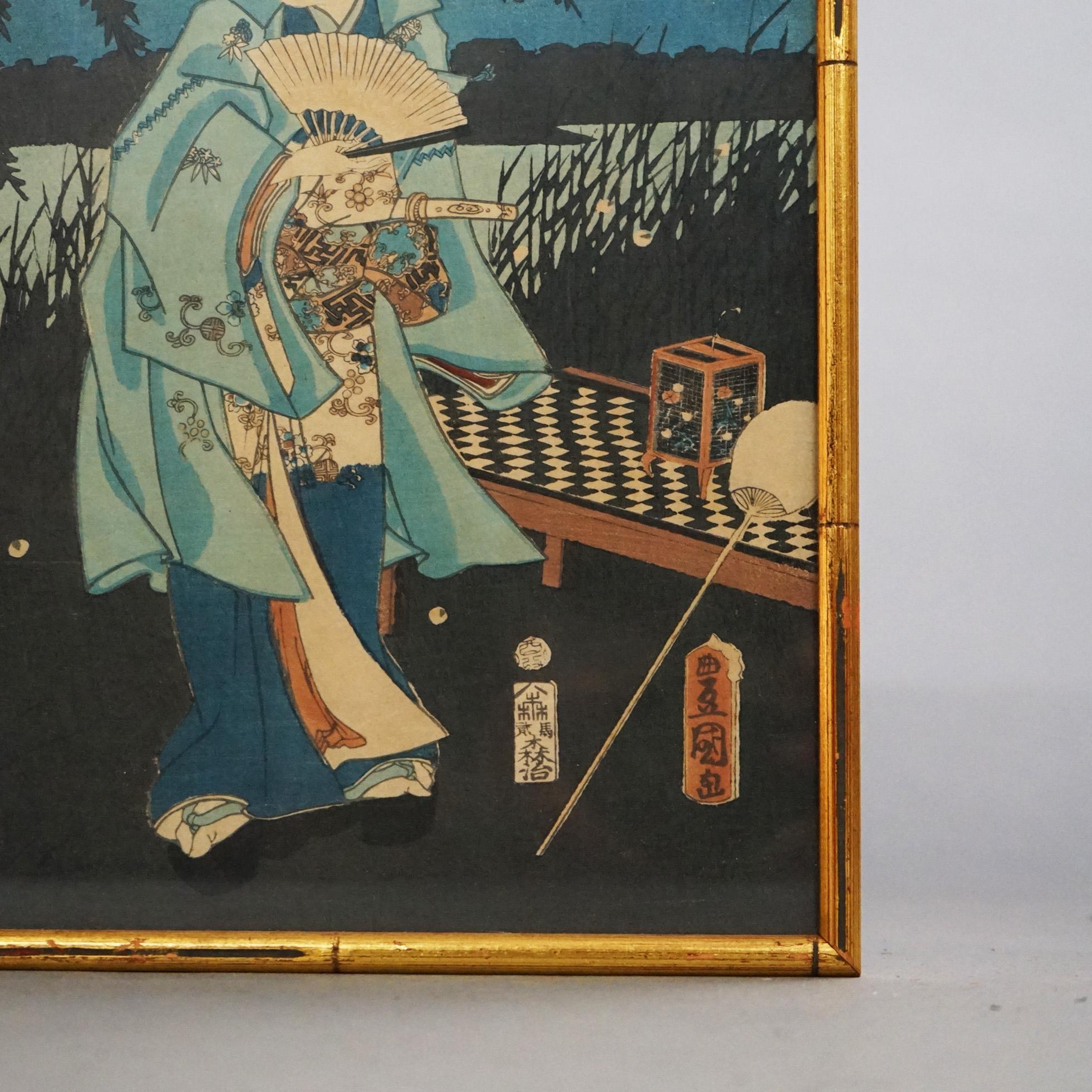 Zwei japanische Holzschnitt- Gere-Drucke von Utagawa Hiroshige II, gerahmt, 20. Jahrhundert im Angebot 6