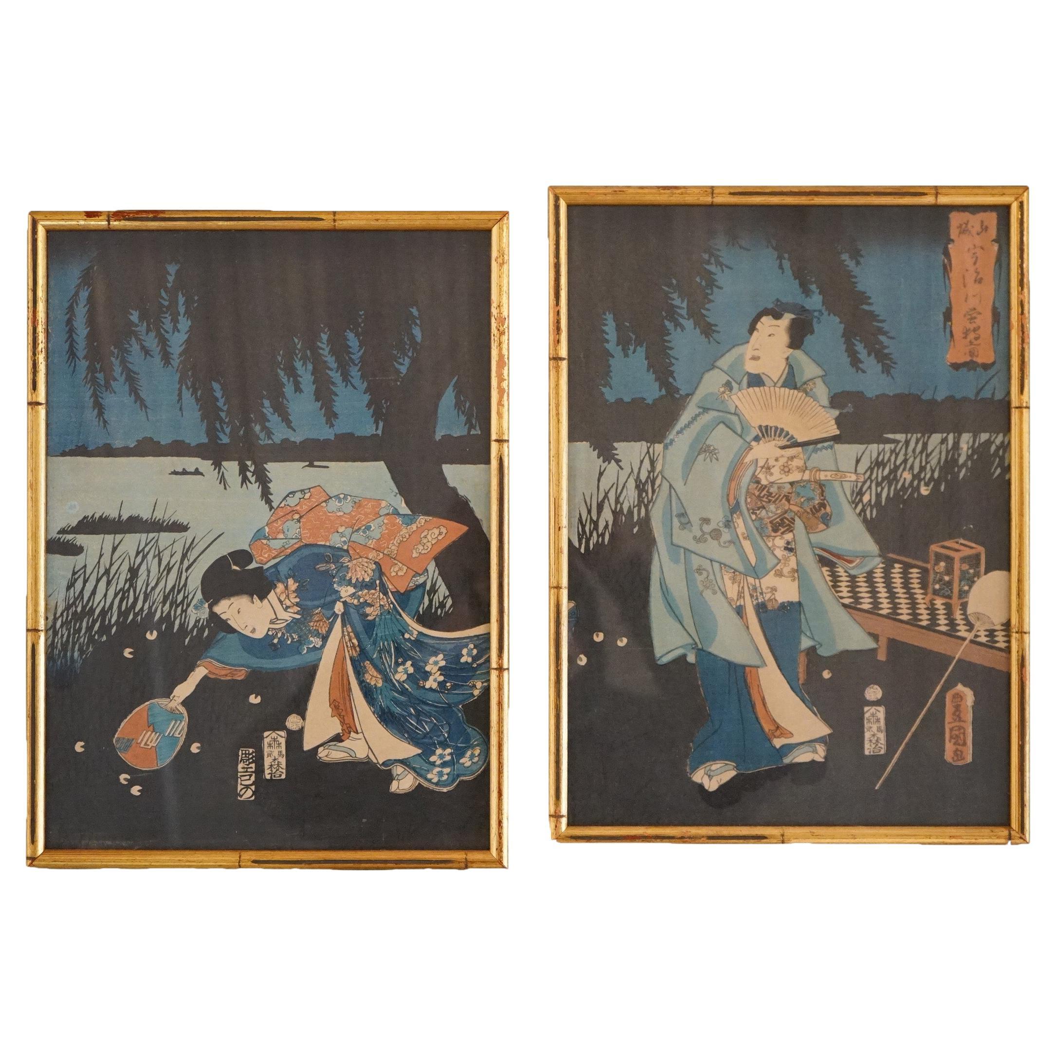 Zwei japanische Holzschnitt- Gere-Drucke von Utagawa Hiroshige II, gerahmt, 20. Jahrhundert im Angebot