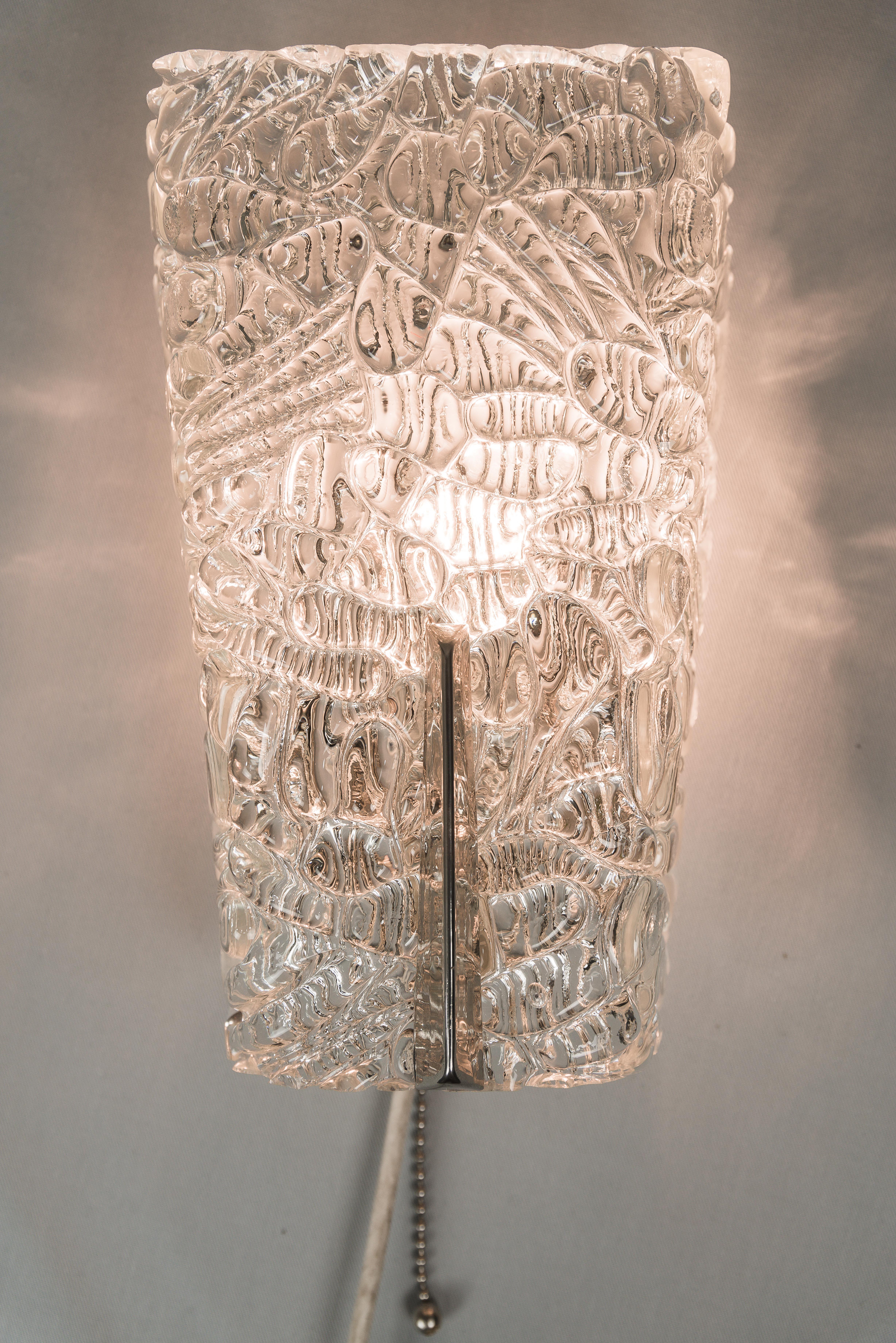 Austrian Two J.T Kalmar Sconces with Textured Glass and Nickel Parts, circa 1950s For Sale