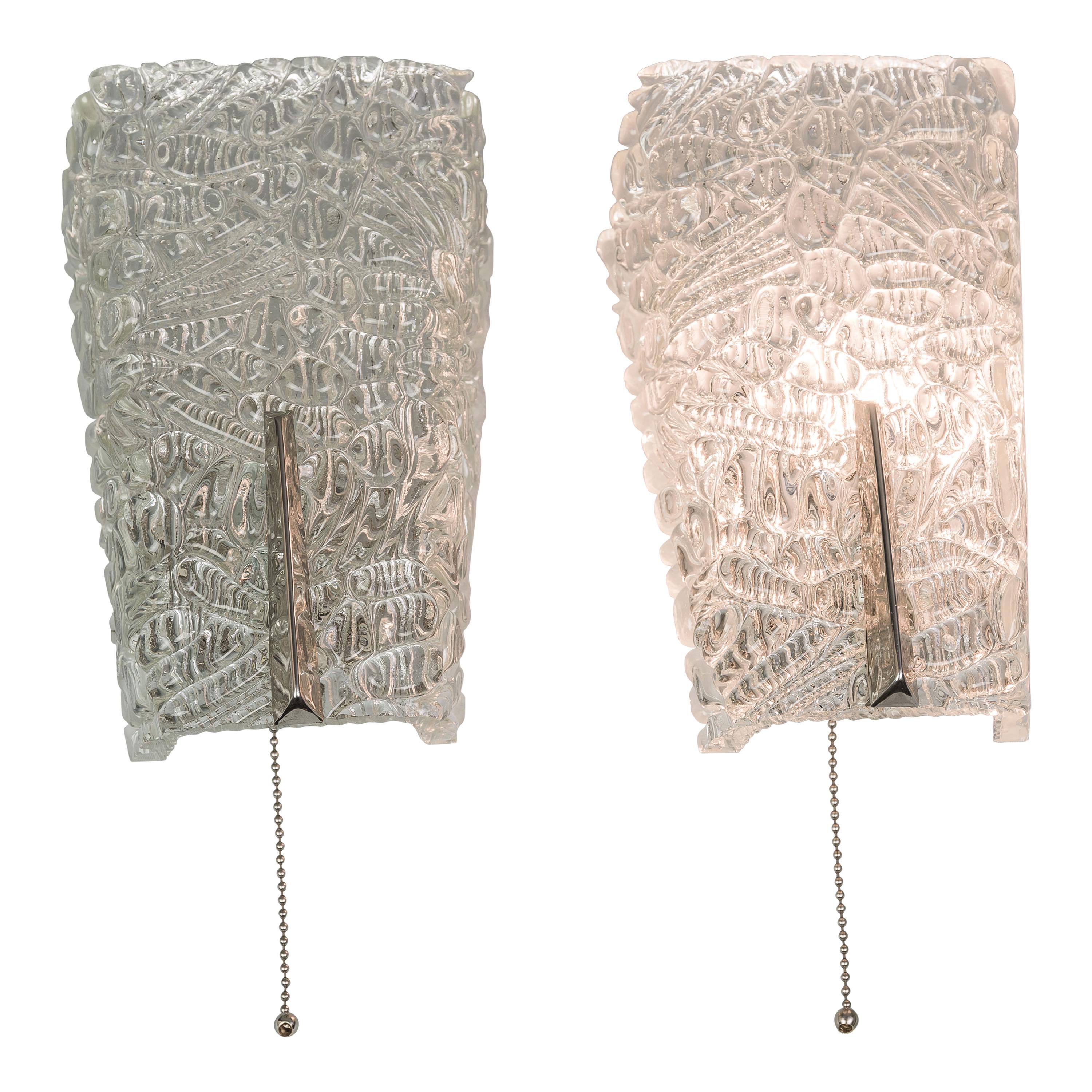 Two J.T Kalmar Sconces with Textured Glass and Nickel Parts, circa 1950s For Sale