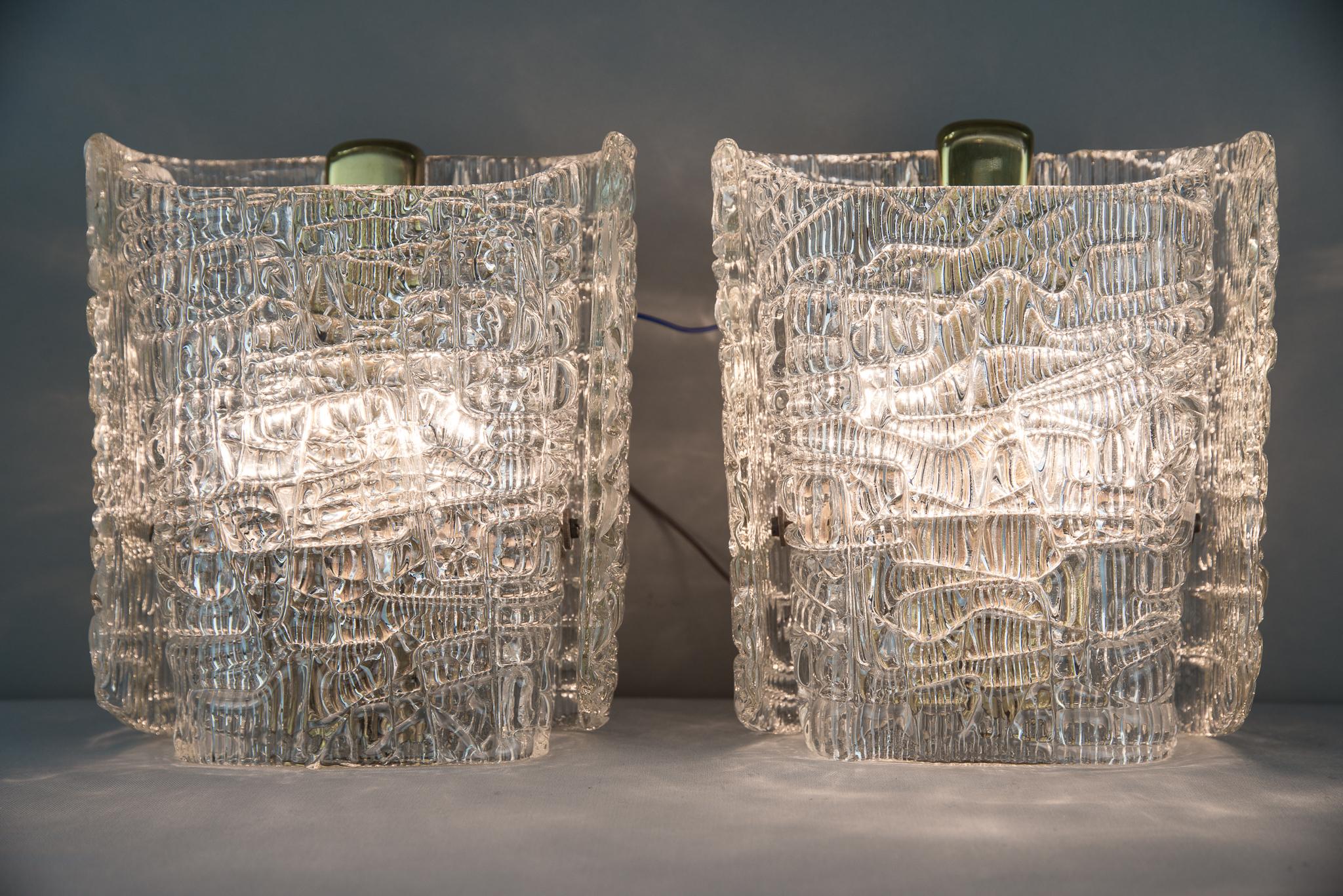 Austrian Two J.T.Kalmar Wall Lamps circa 1950s with Texured Glass