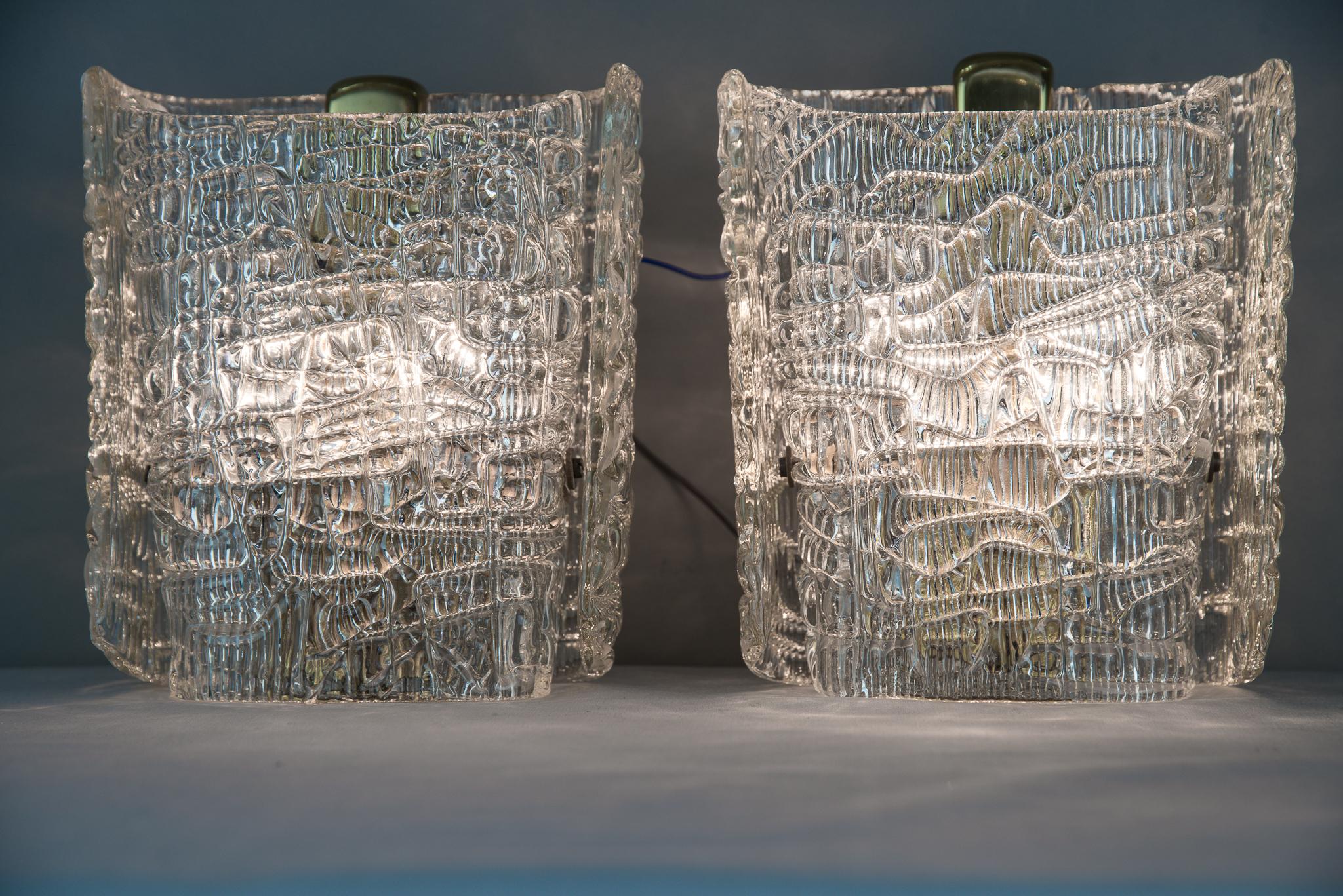 Mid-20th Century Two J.T.Kalmar Wall Lamps circa 1950s with Texured Glass