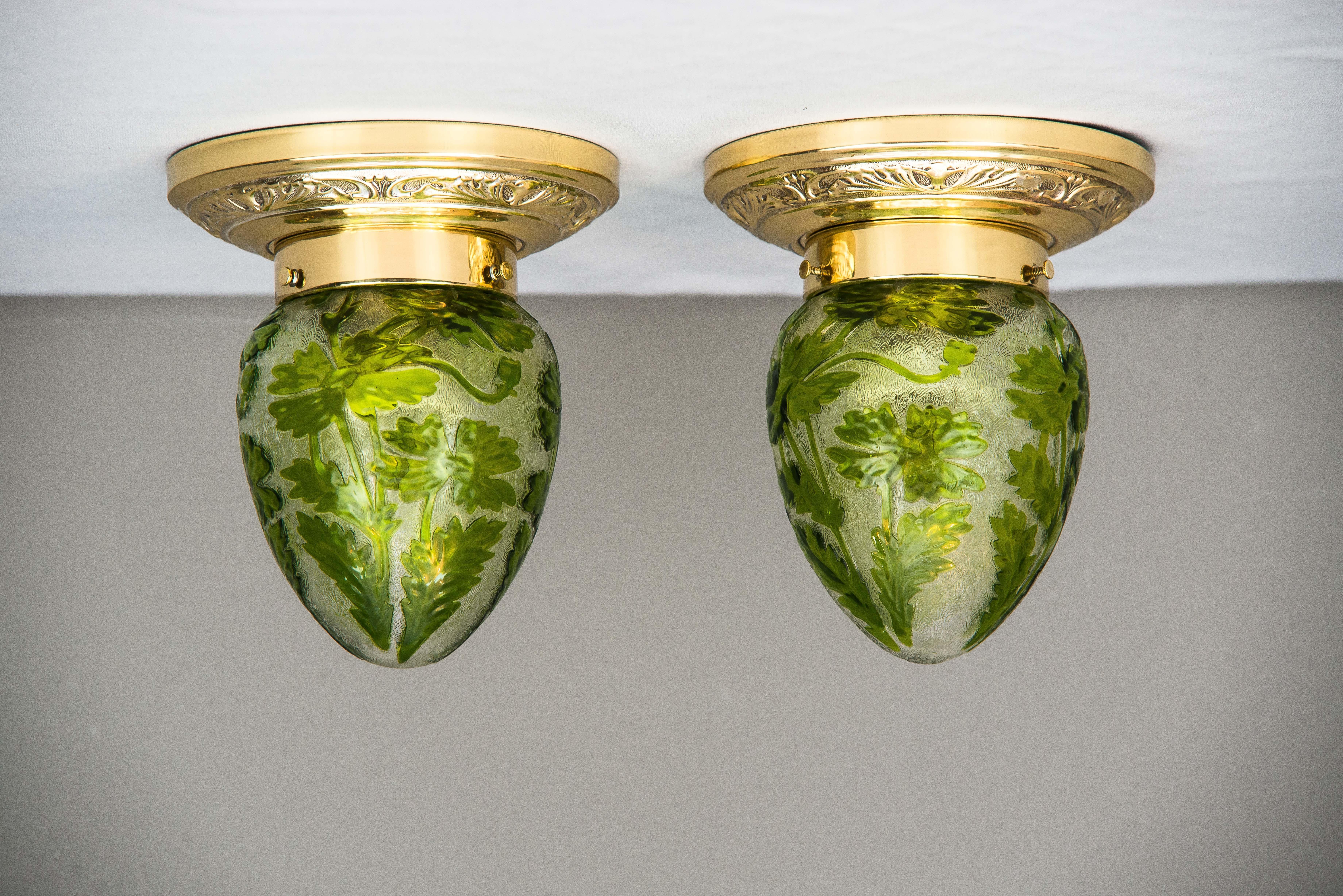 Jugendstil ceiling lamps, circa 1908
Polished and stove enamelled 
Beautiful original glasses
Only one left
