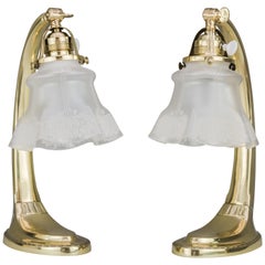 Antique Two Jugendstil Table Lamps 1907 with Original Glas Shades