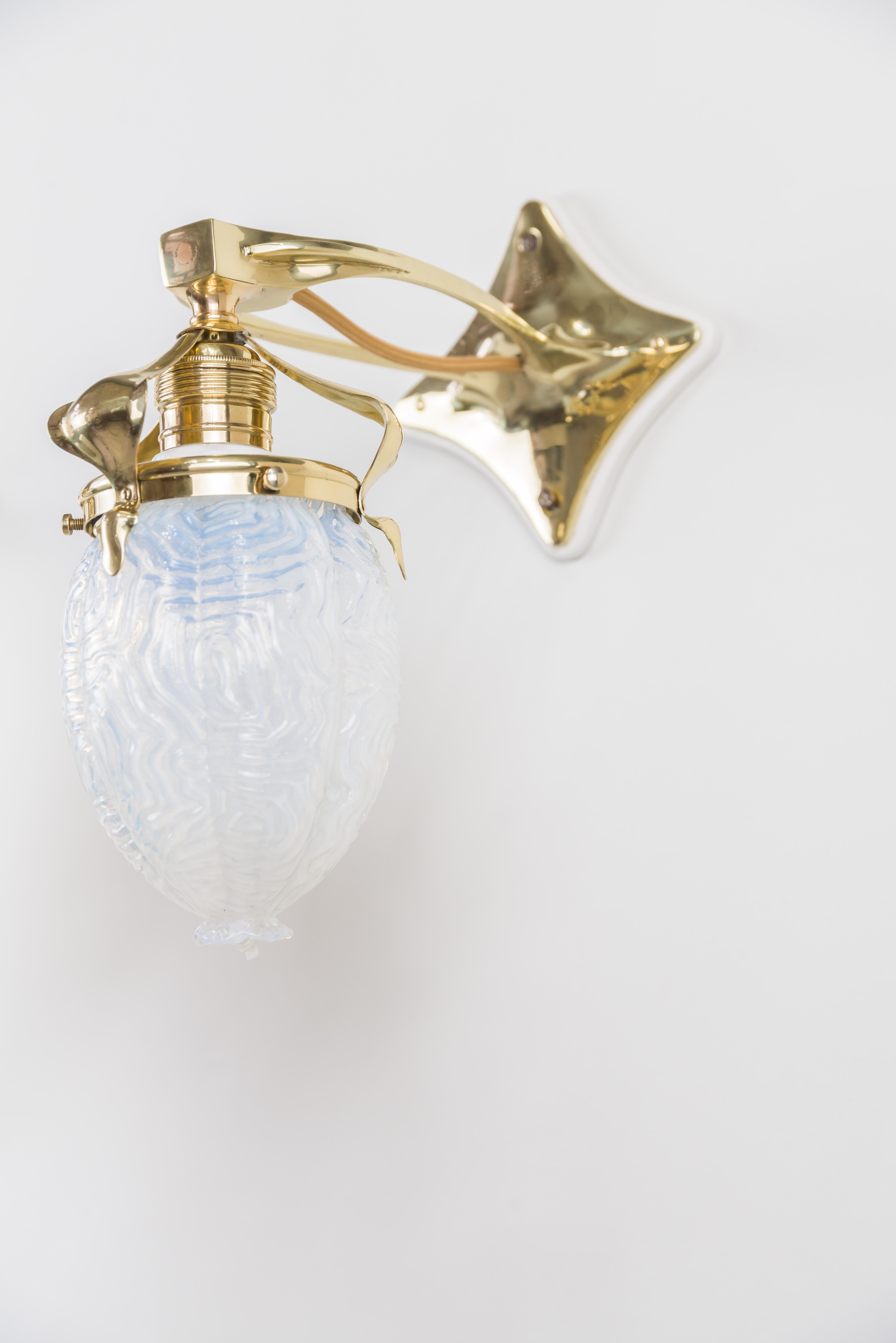 Early 20th Century Two Jugendstil Wall Lamps circa 1908 with Original Opaline Glass Shades