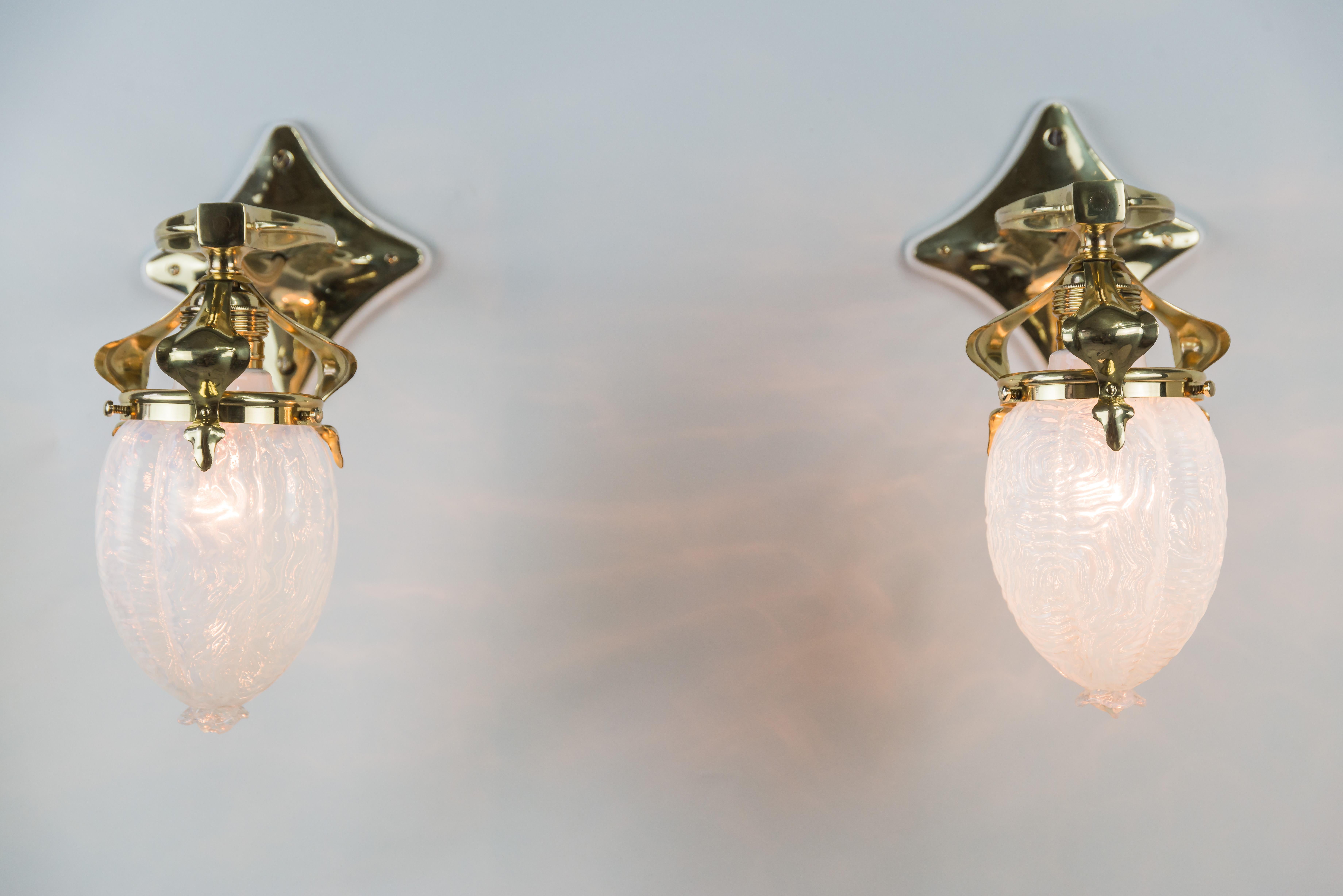 Two Jugendstil Wall Lamps circa 1908 with Original Opaline Glass Shades 1