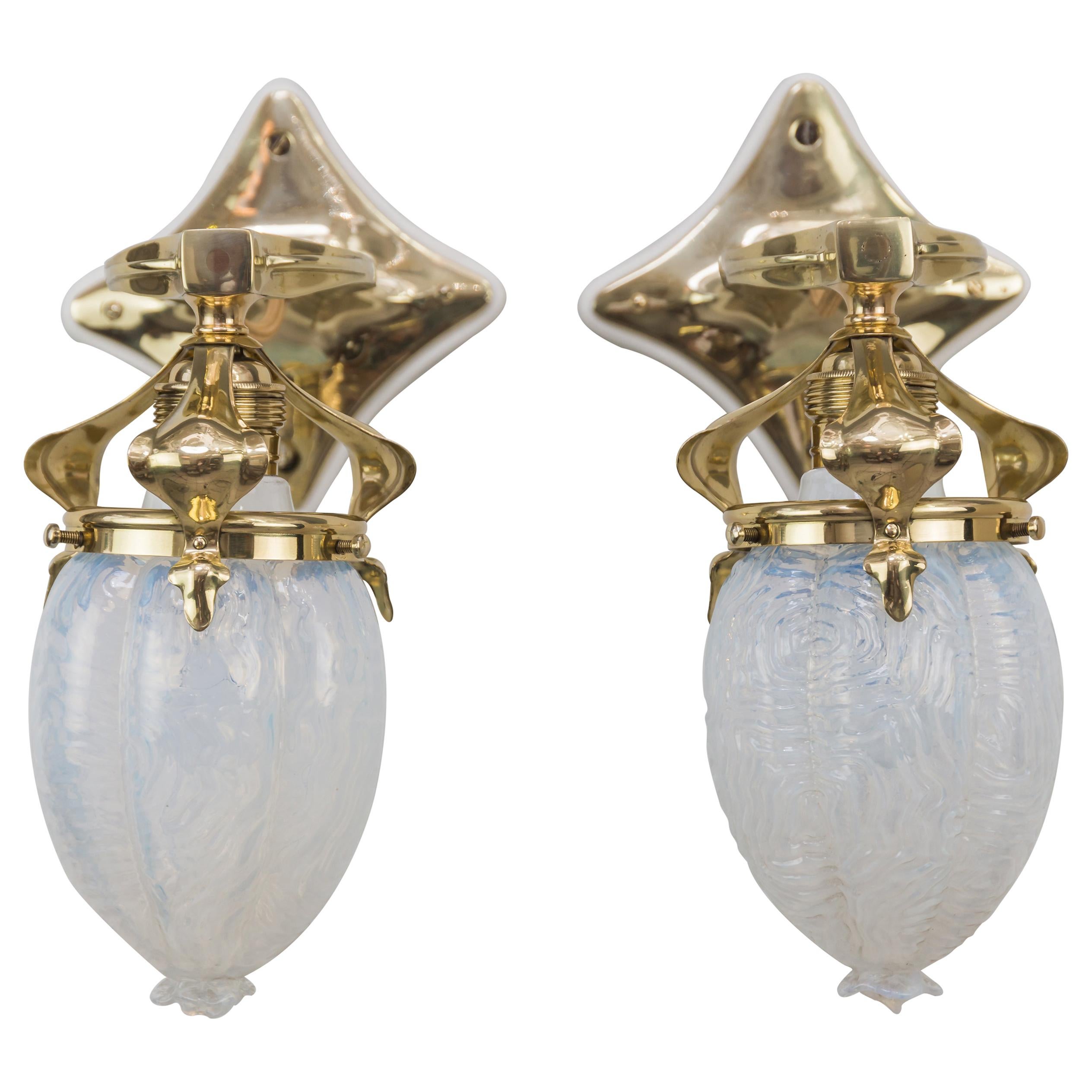 Two Jugendstil Wall Lamps circa 1908 with Original Opaline Glass Shades