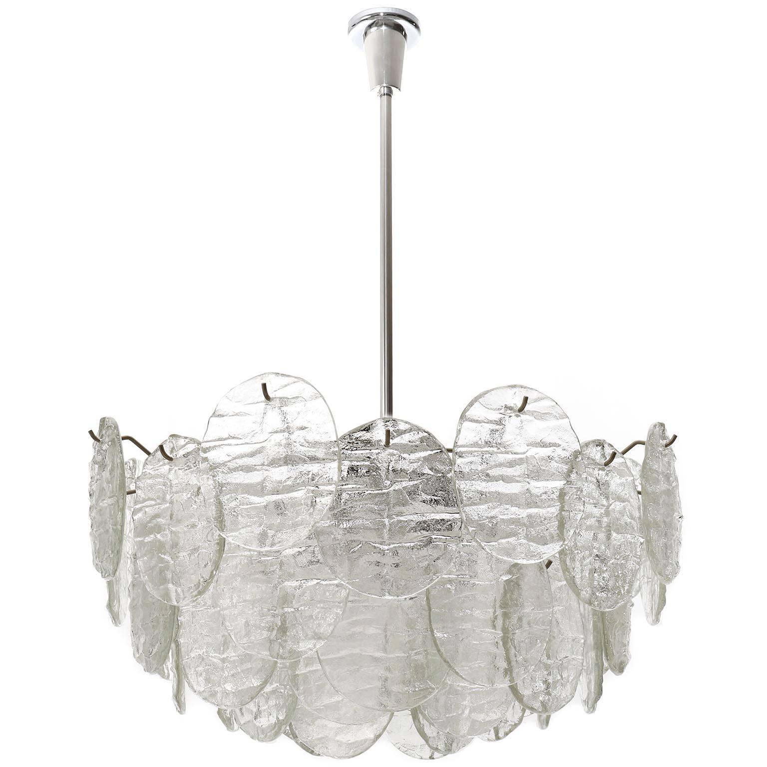 Two Kalmar Blatt Pendant Lights Chandeliers, Textured Glass Nickel, 1970s 3