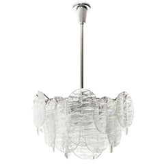 Two Kalmar 'Blatt' Pendant Lights Chandeliers, Textured Glass Nickel, 1970s