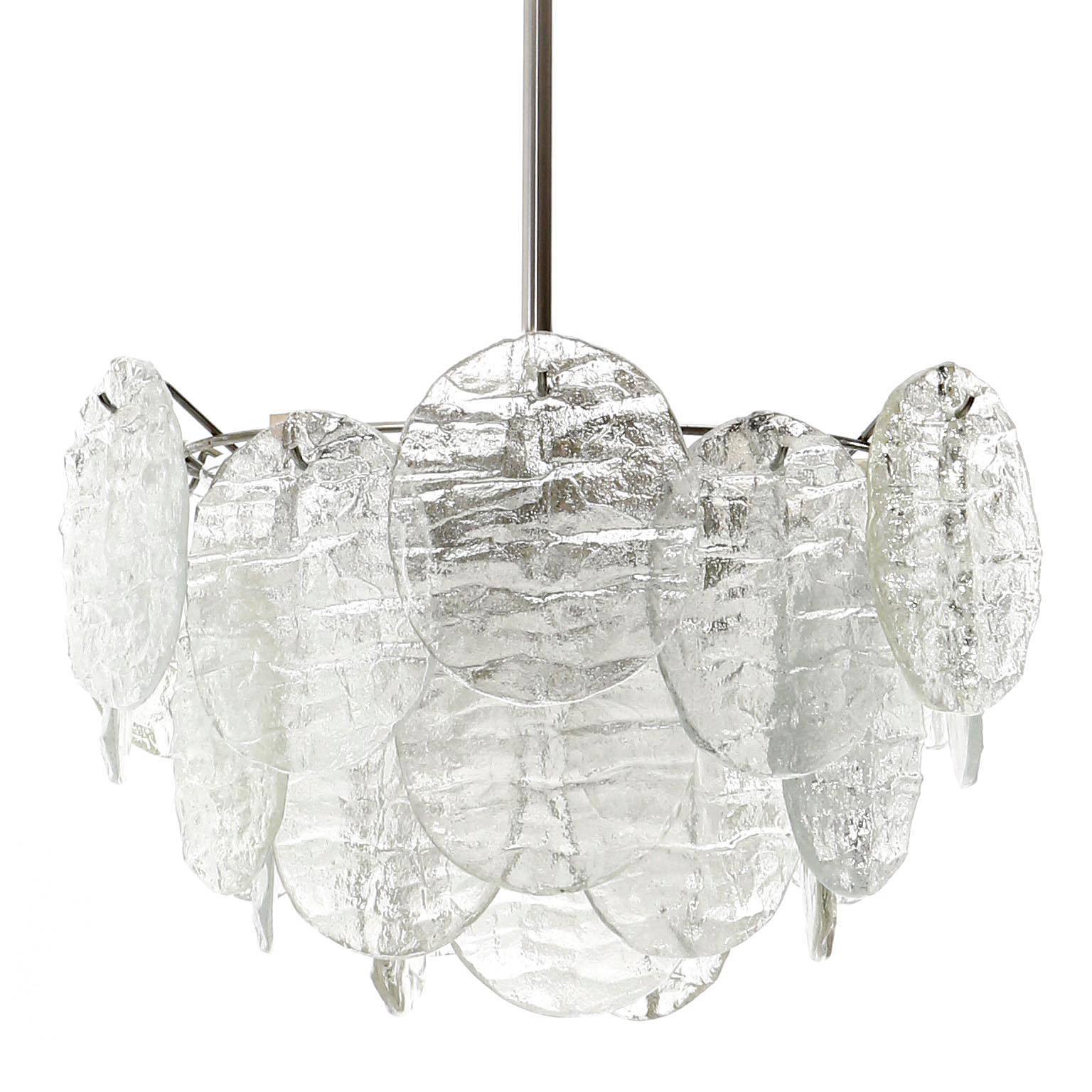 Mid-Century Modern Two Kalmar 'Blatt' Pendant Lights Chandeliers, Textured Glass Nickel, 1970s For Sale