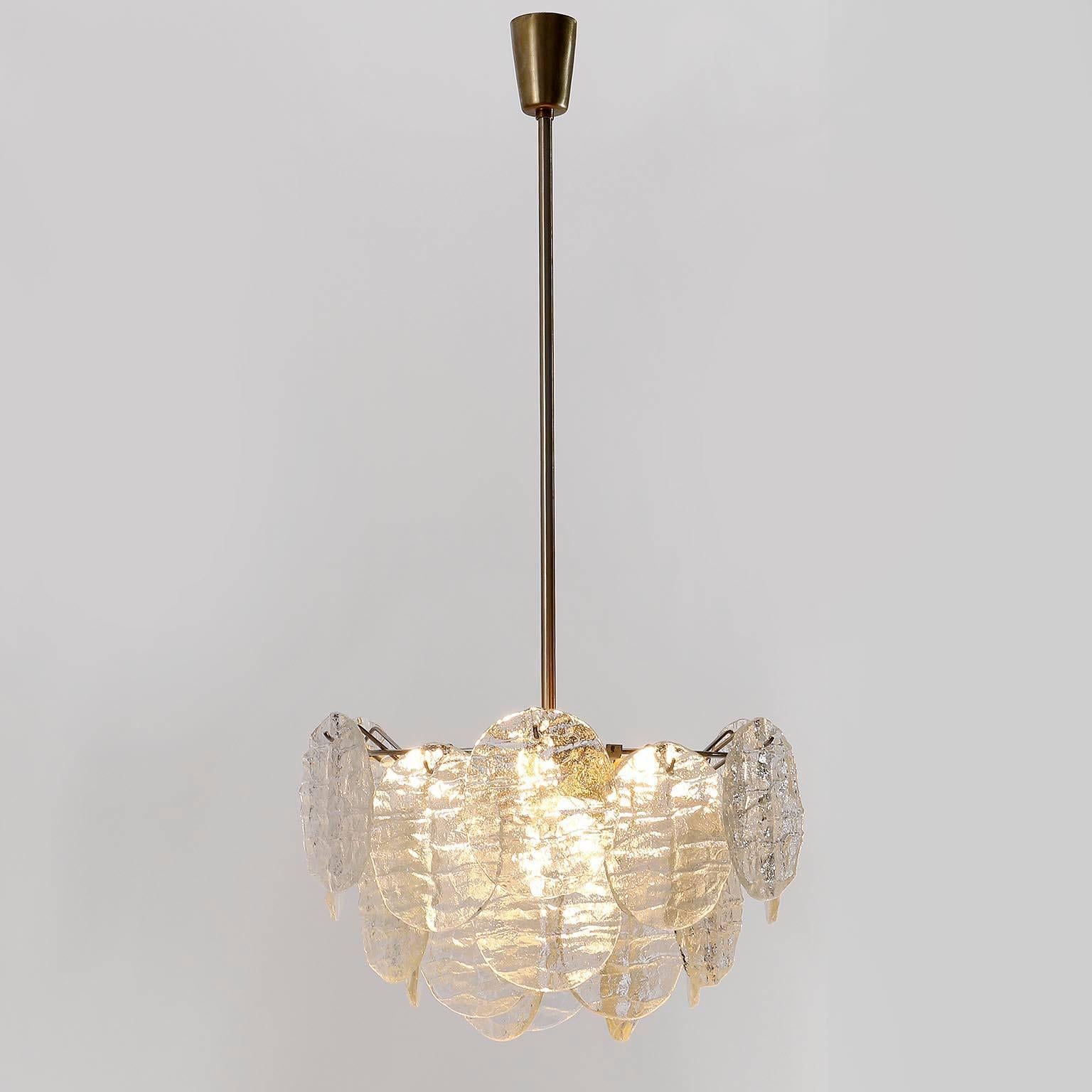 Brass Two Kalmar 'Blatt' Pendant Lights Chandeliers, Textured Glass Nickel, 1970s For Sale