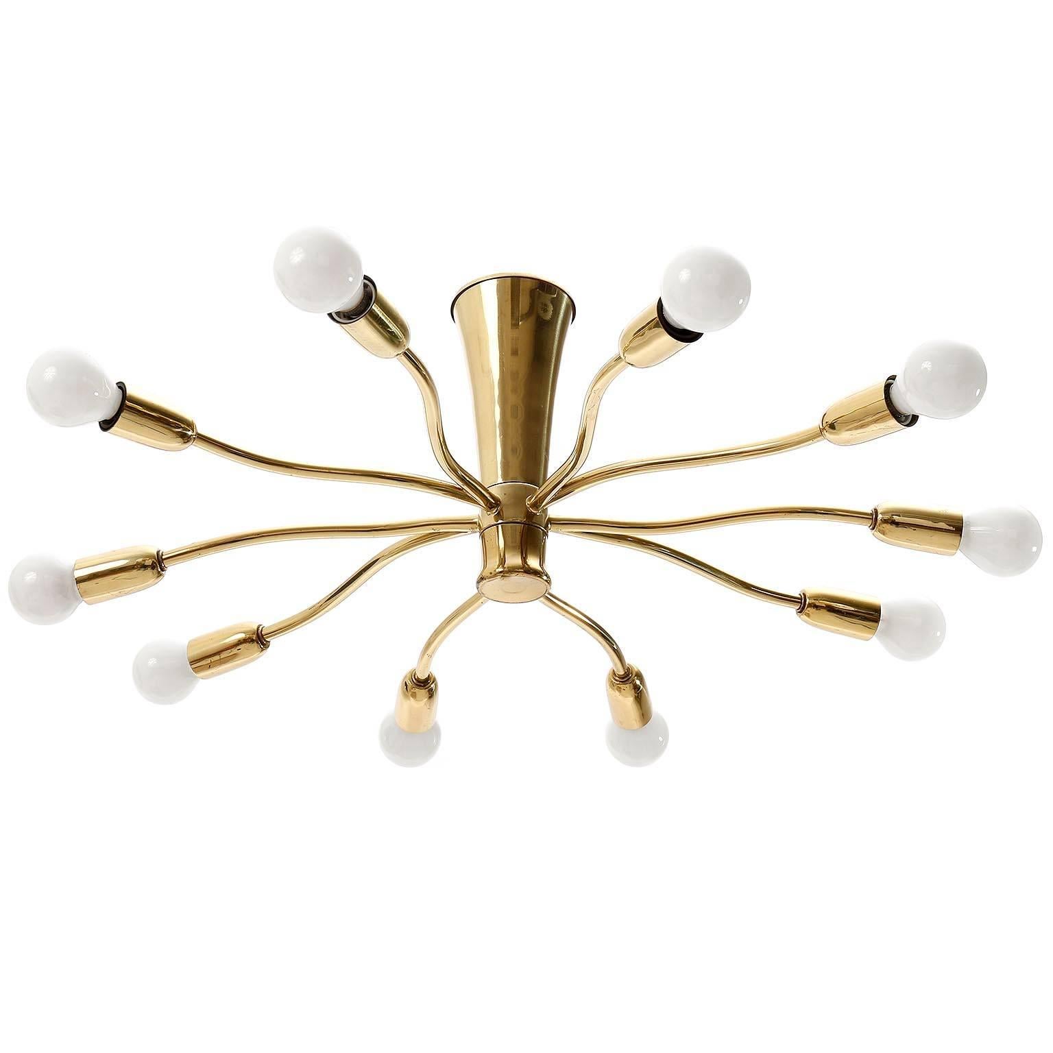 Polished Two Mid-Century Modern Brass Sputnik Spider Flush Mount Wall Lights Kalmar 1960s For Sale