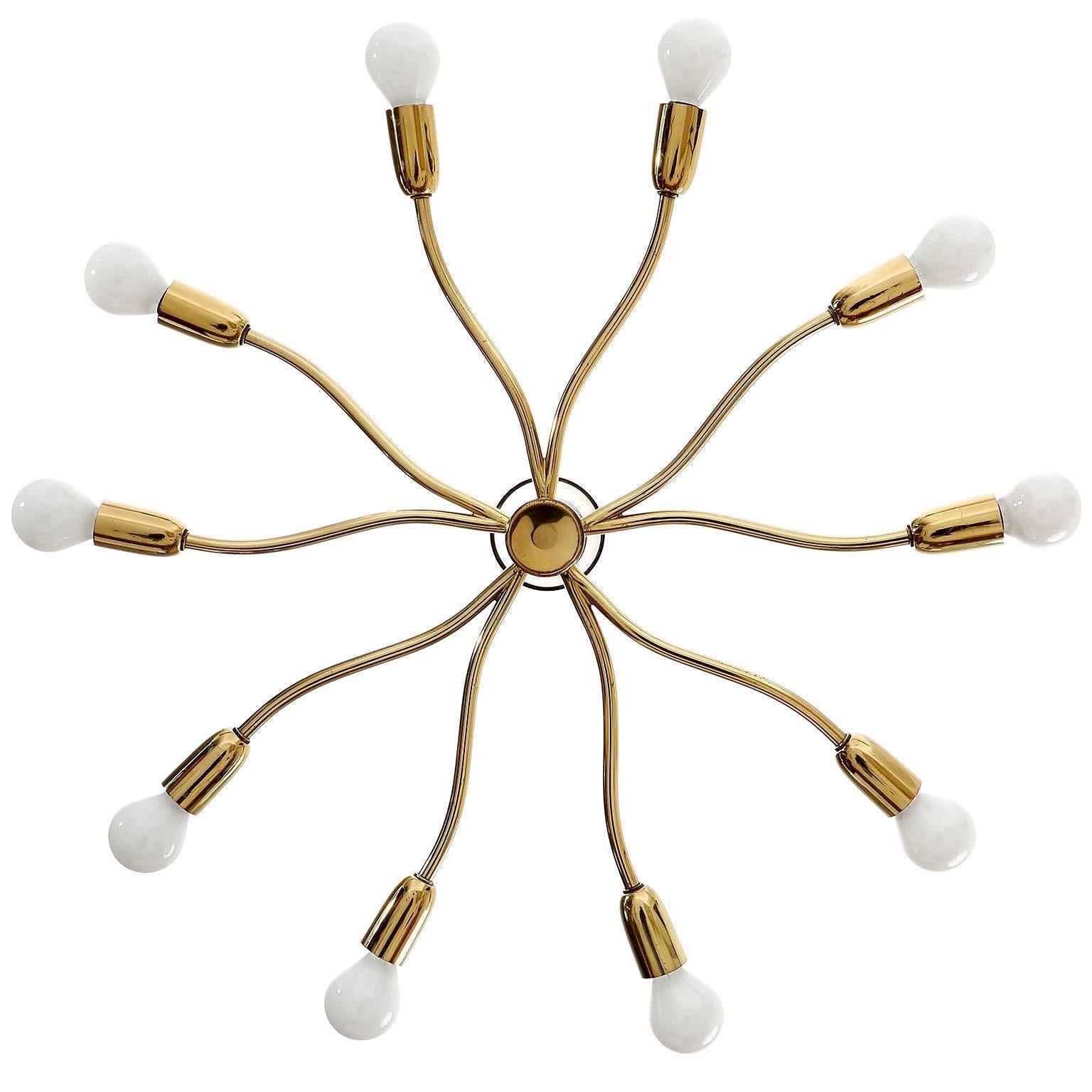 Mid-20th Century Two Mid-Century Modern Brass Sputnik Spider Flush Mount Wall Lights Kalmar 1960s For Sale