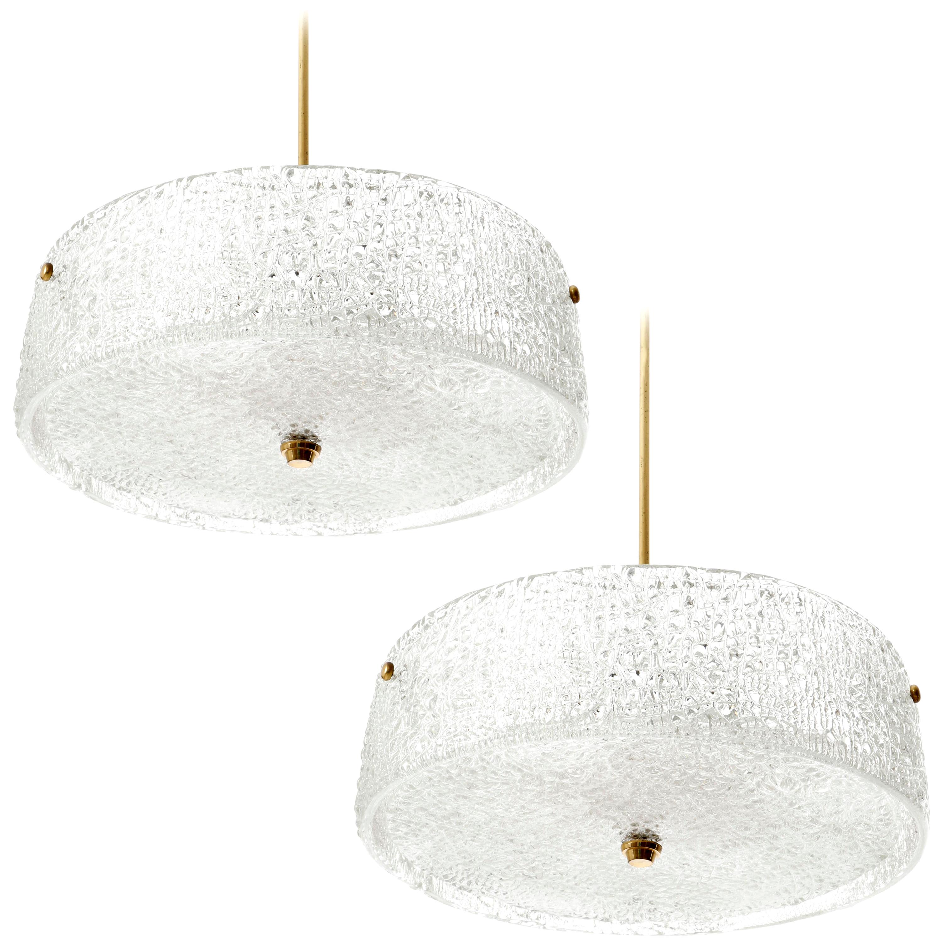 Two Kalmar Chandeliers Light Fixtures, Textured Glass and Brass, 1960