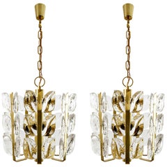 Two Kalmar Chandeliers or Pendant Lights 'Florida', Glass and Brass, 1970