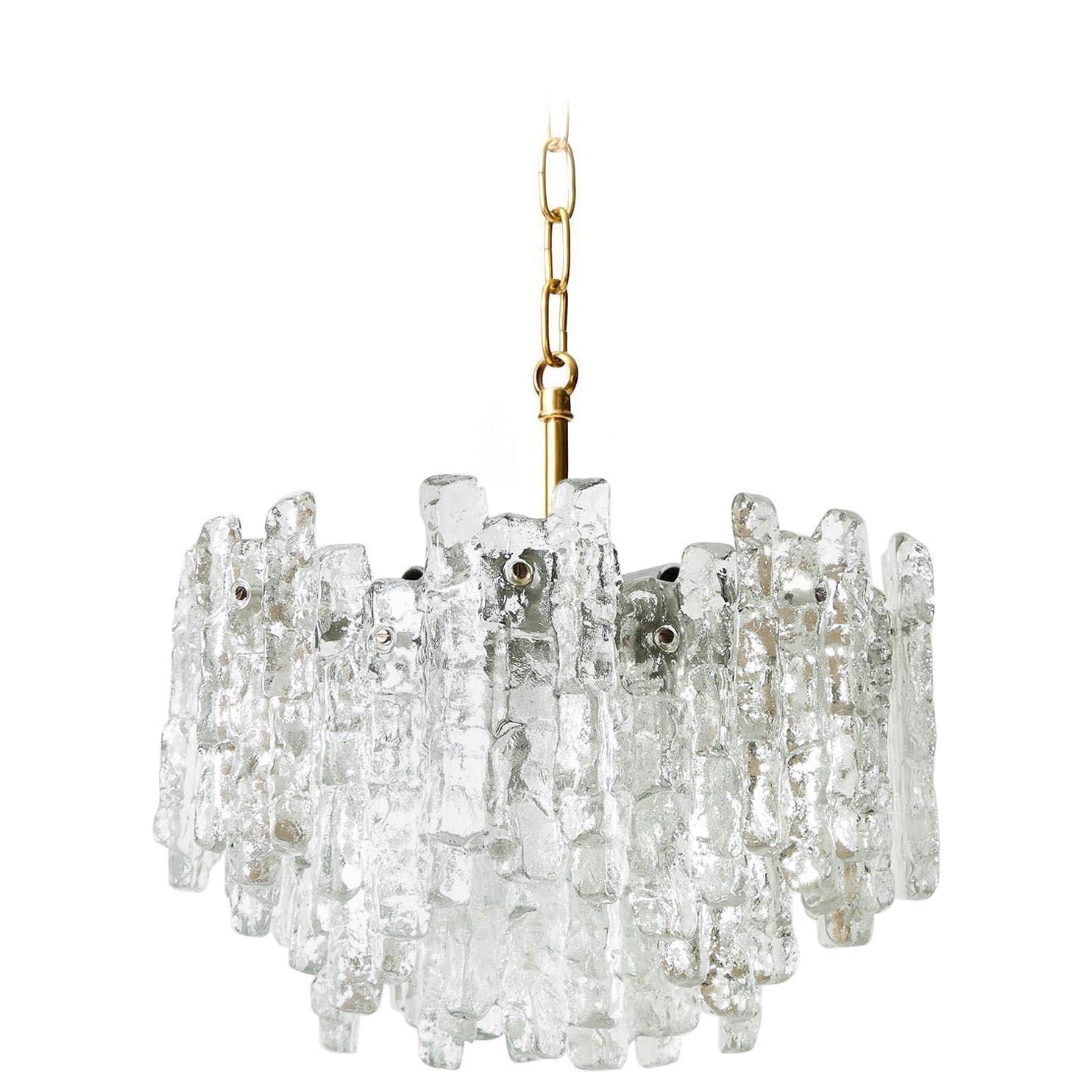 Frosted One of Two Kalmar Ice Glass Chandeliers Light Fixtures, 1960s For Sale
