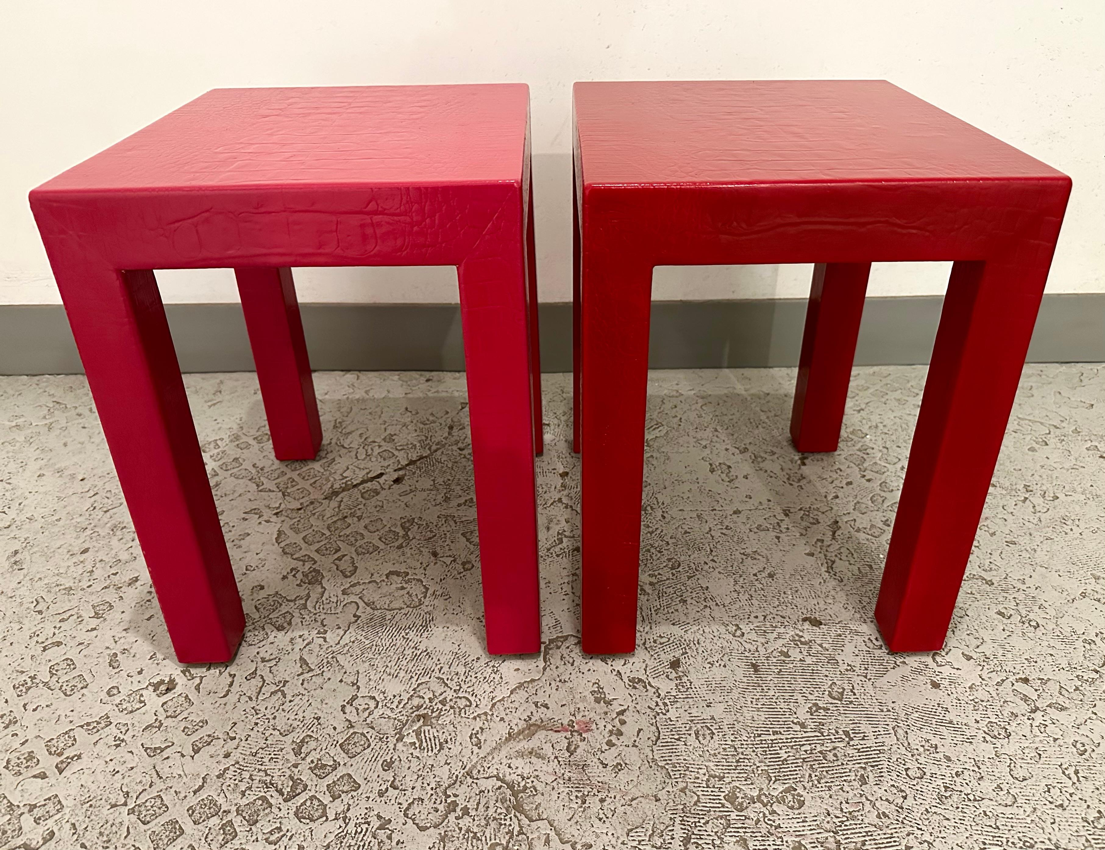 American Pair Karl Springer Crocodile Leather Clad Parsons Side Tables For Sale