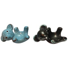 Two Karlsruhe Majolica Egg Cup Bears by Walter Bosse