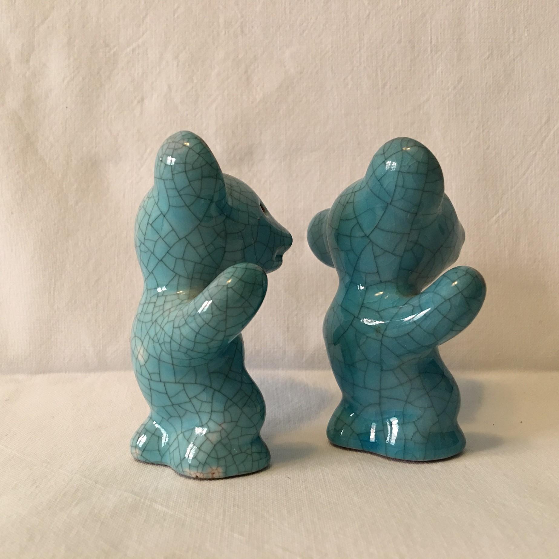 Two lovely ceramic bears designed by Walter Bosse for Karlsruhe Majolika. With gorgeous Krakelee glazing. Many of Walter Bosse's designs during his time with Karlsruhe Majolika were animal designs.