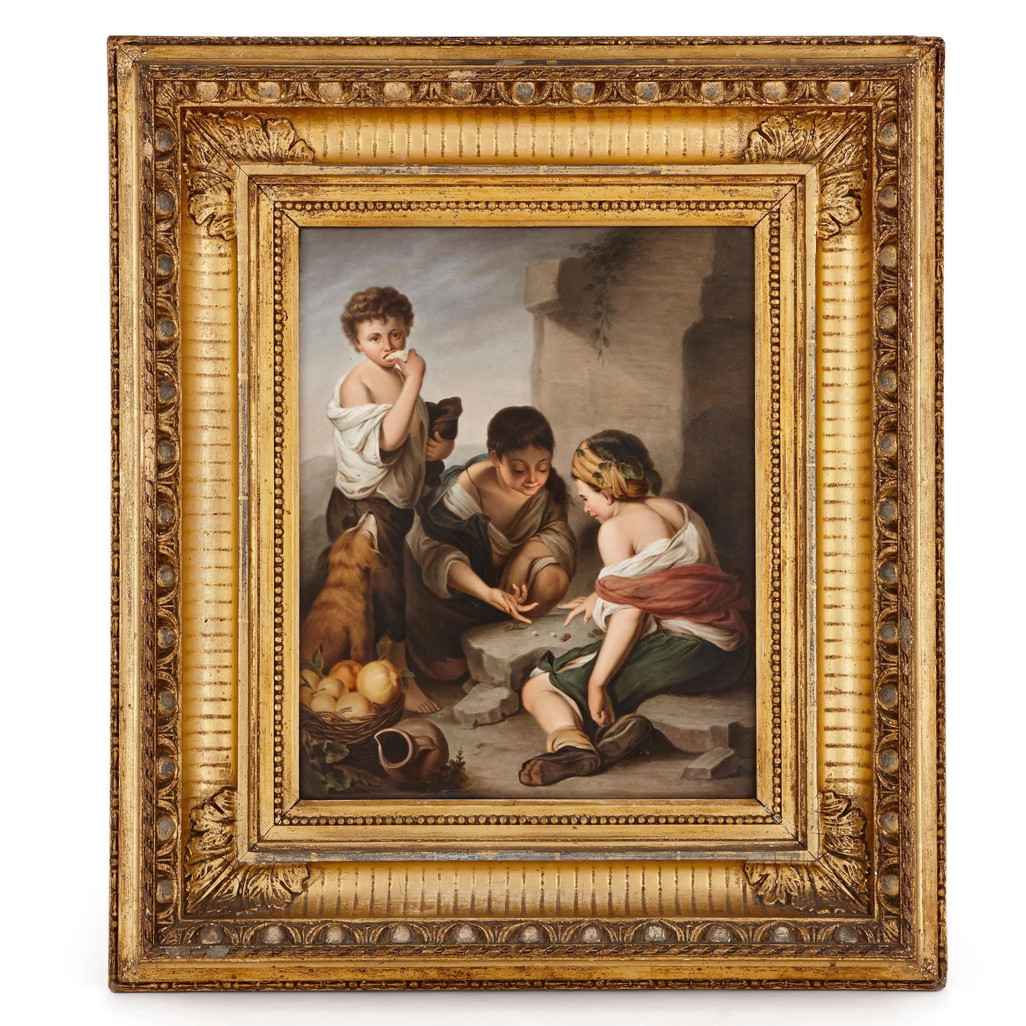 Diese traumhaften Porzellantafeln wurden um 1860 von der renommierten Königlichen Porzellan Manufaktur (KPM) hergestellt (gegründet 1763). Die Tafeln zeigen wunderschöne Gemälde, die auf Werken des berühmten Barockmalers Bartolome Esteban Murillo