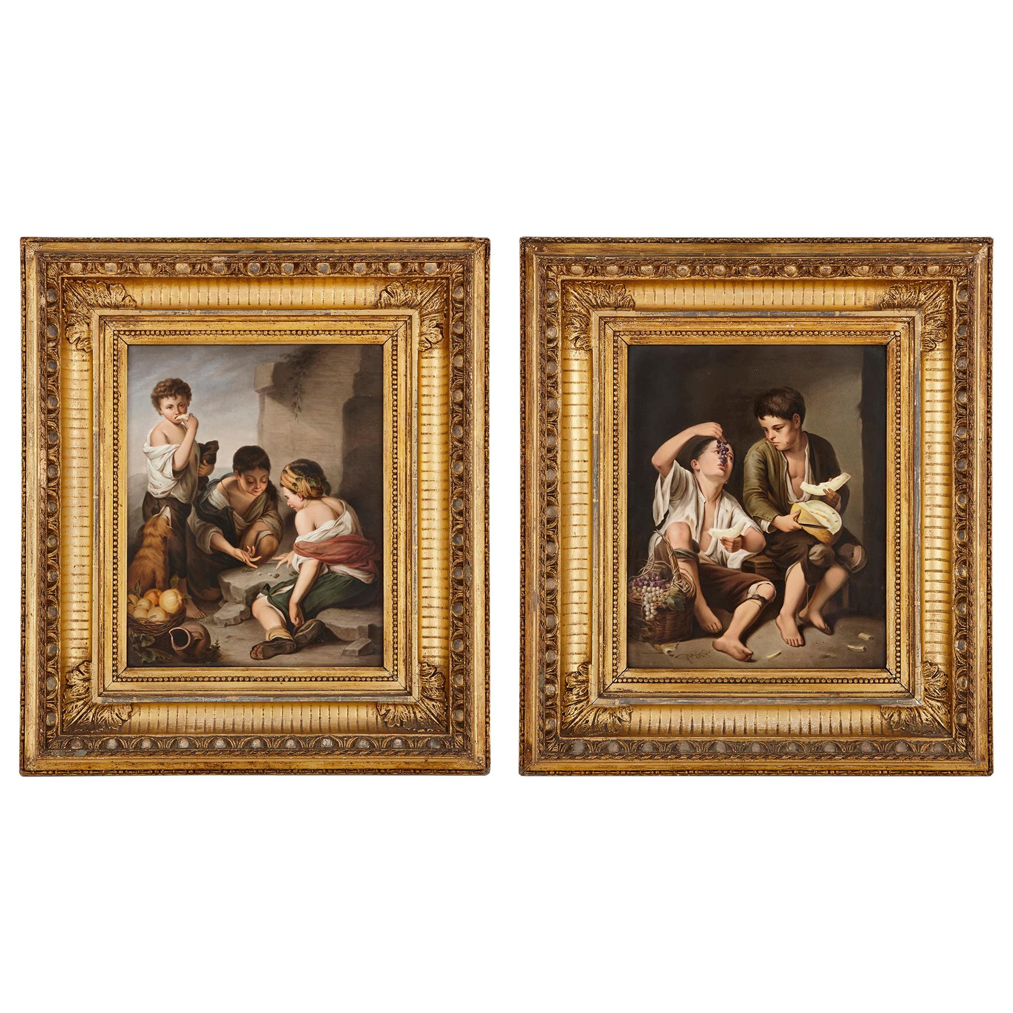 Two KPM Porcelain Plaques in Giltwood Frames after Murillo For Sale