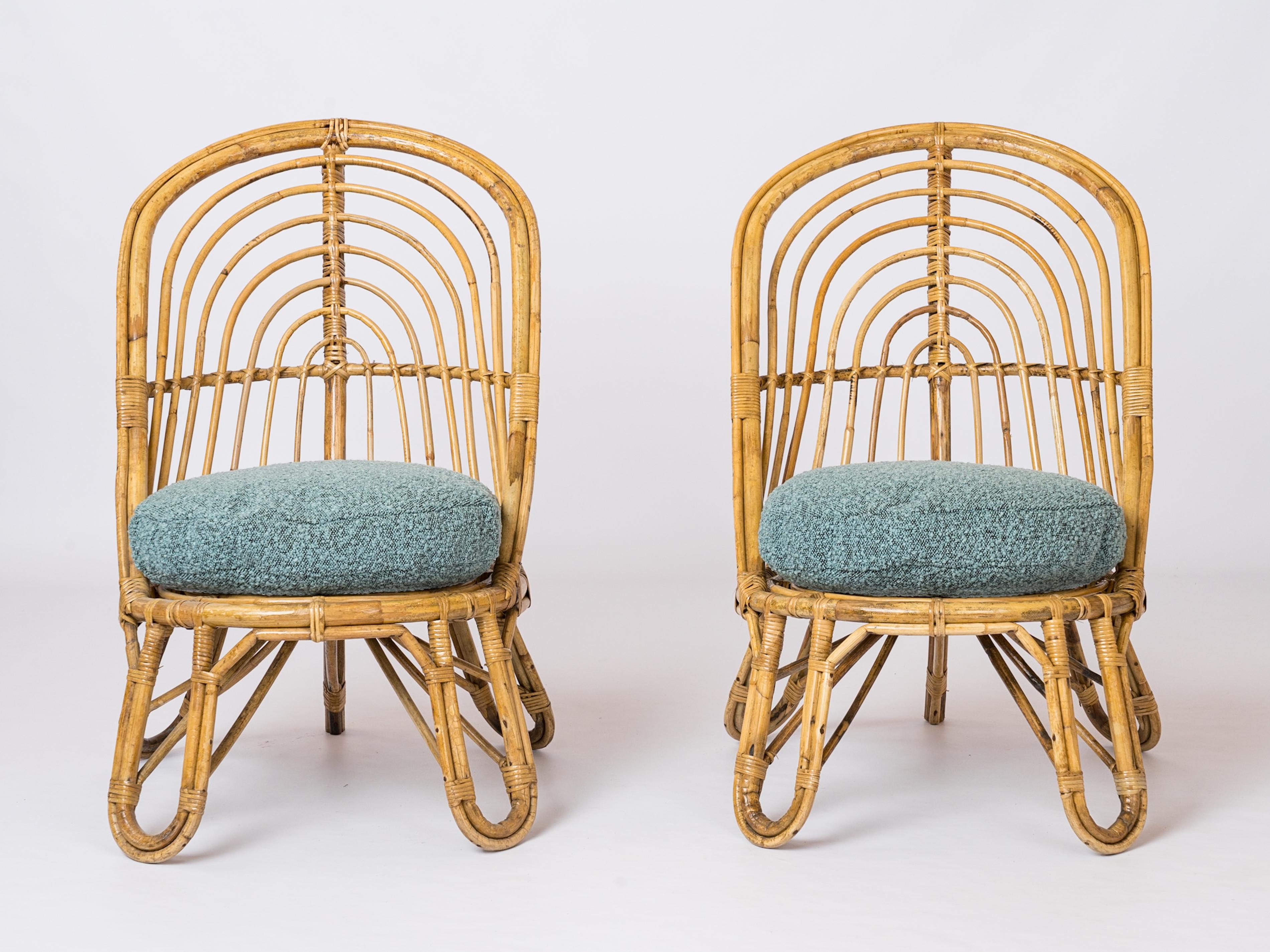 French Two L. Sognot Style Rattan Lounge Chairs w. Blue 