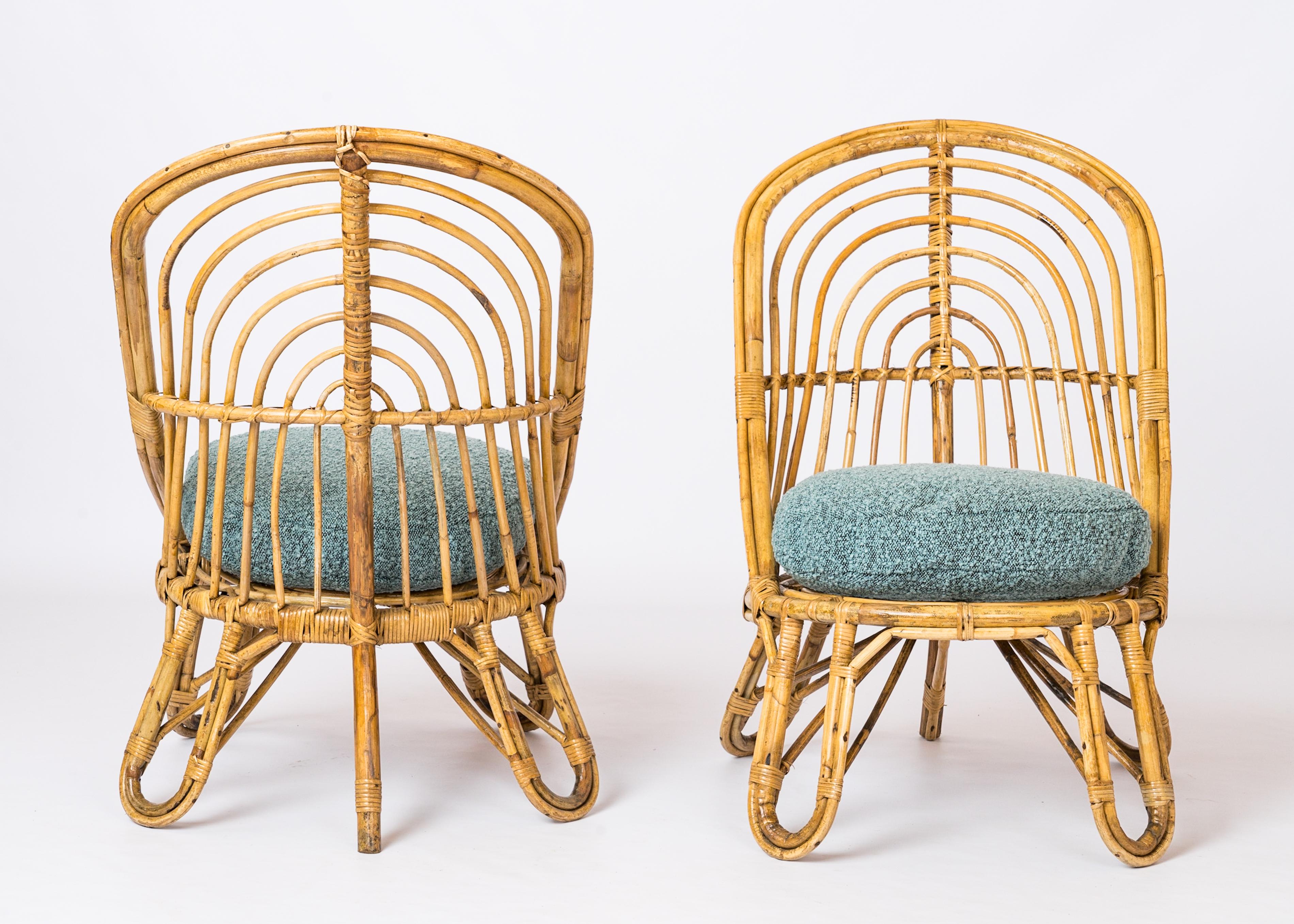 Two L. Sognot Style Rattan Lounge Chairs w. Blue 