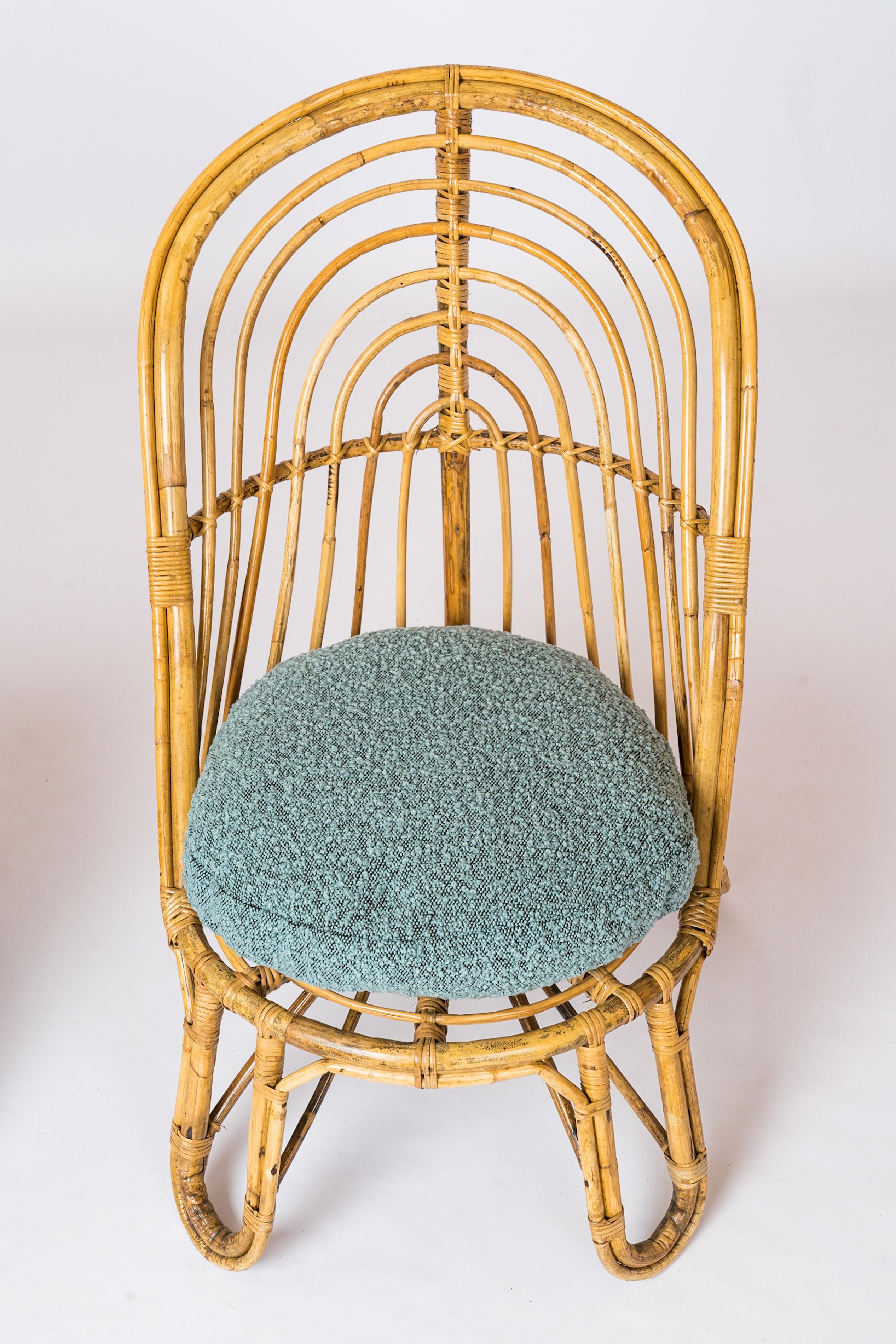 Mid-20th Century Two L. Sognot Style Rattan Lounge Chairs w. Blue 