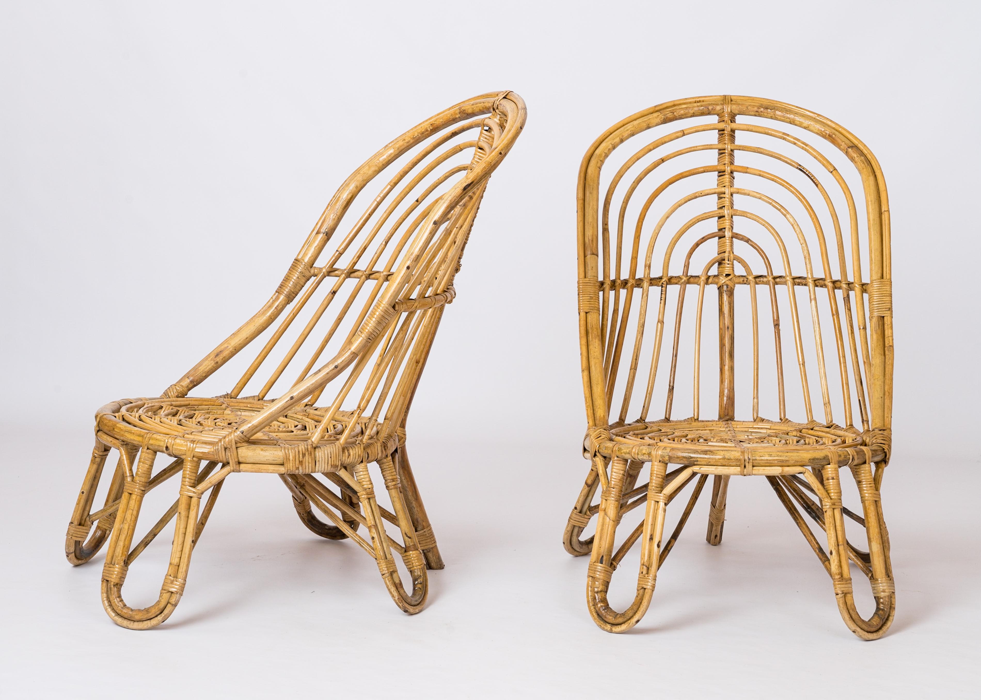 Two L. Sognot Style Rattan Lounge Chairs w. Blue 