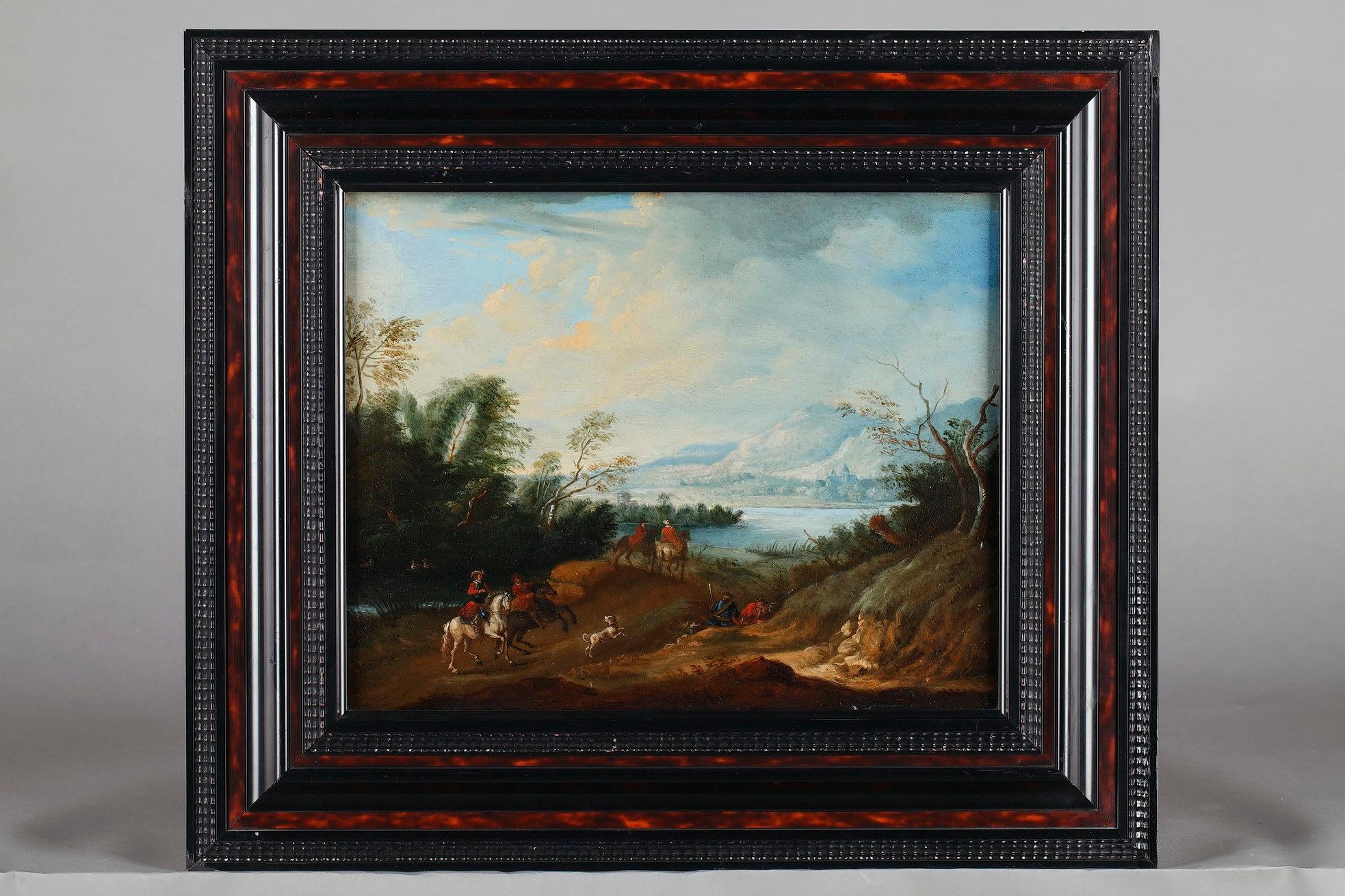 Pair of panels featuring battle scene in a landscape and soldiers in a landscape. The two scenes have a similar composition, with a foreground framed by trees and animated with figures, and a background with lake and mountains.

These panels are