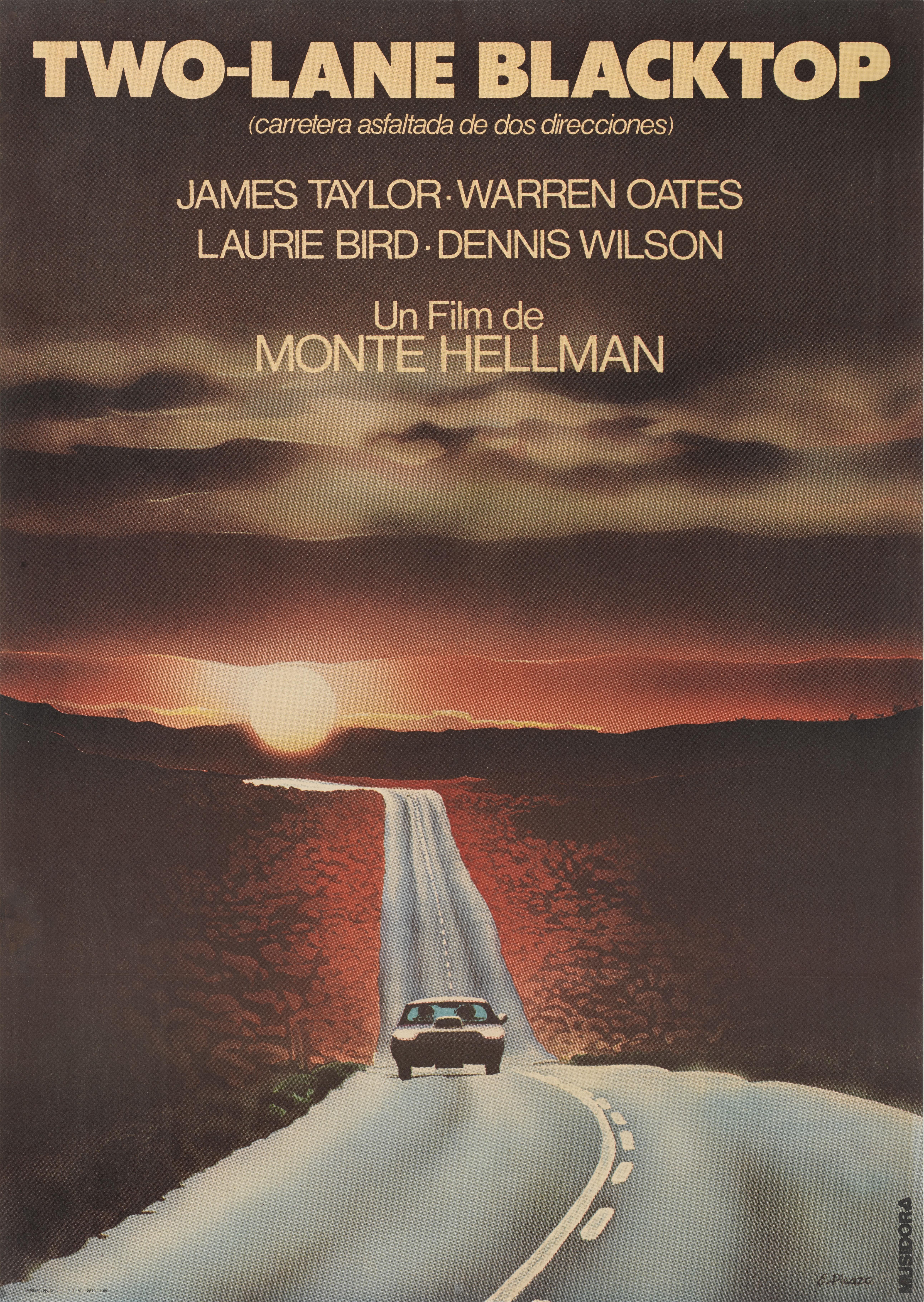Original Spanish film poster for the 1971 Road movie Two-Lane Blacktop.
This film starred James Taylor and Warren Oates and directed by Monte Hellman.
The artwork on this poster is by E. Picazo and is unique to the films Spanish release.
This poster