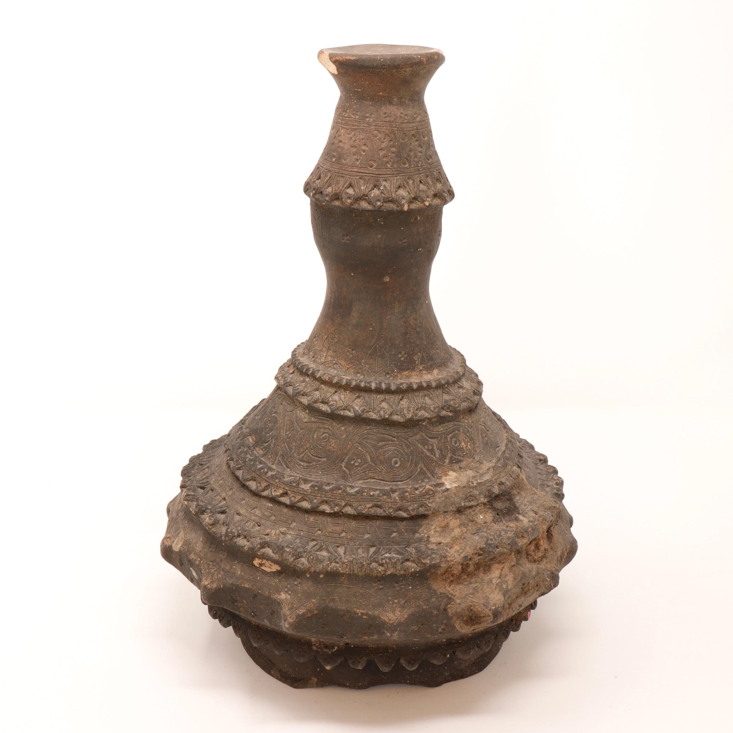 Fired Two Laotian Clay Water Vessels (Nam Ton), Beaker & Kendi, 19th century. For Sale