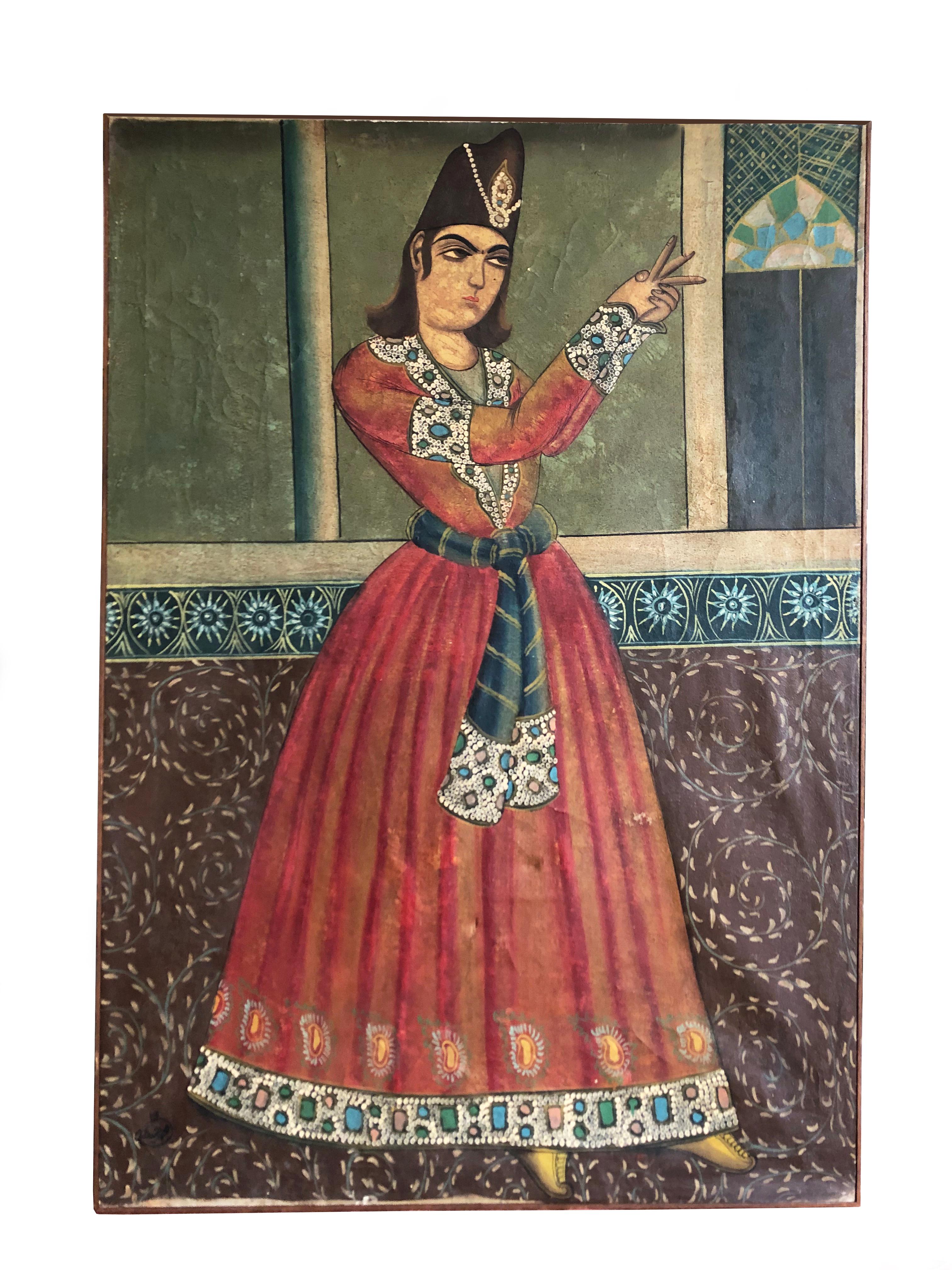 A wonderful near pair of large late C19th Qajar portraits of a dancer and a musician wearing flamboyantly embroidered and bejewelled costumes within a highly decorative interior.   Depicted full length, signed.  Age related minor bumps and scrapes. 