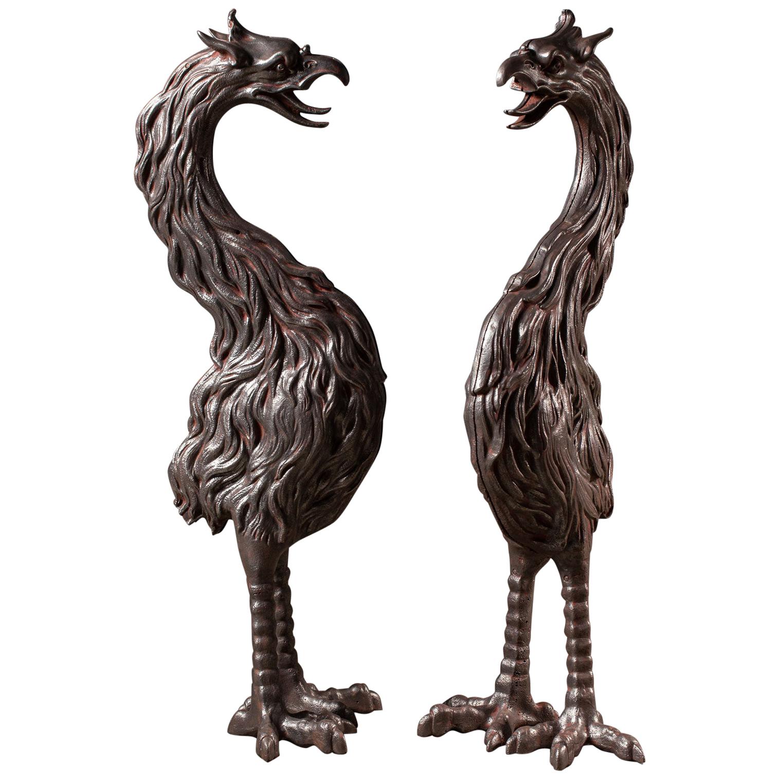 Two Large Antique French Cast Iron Phoenix Birds, circa 1880