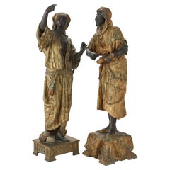 Two Large Antique Persian Moorish Polychromed Metal Sculptures of Men C1890