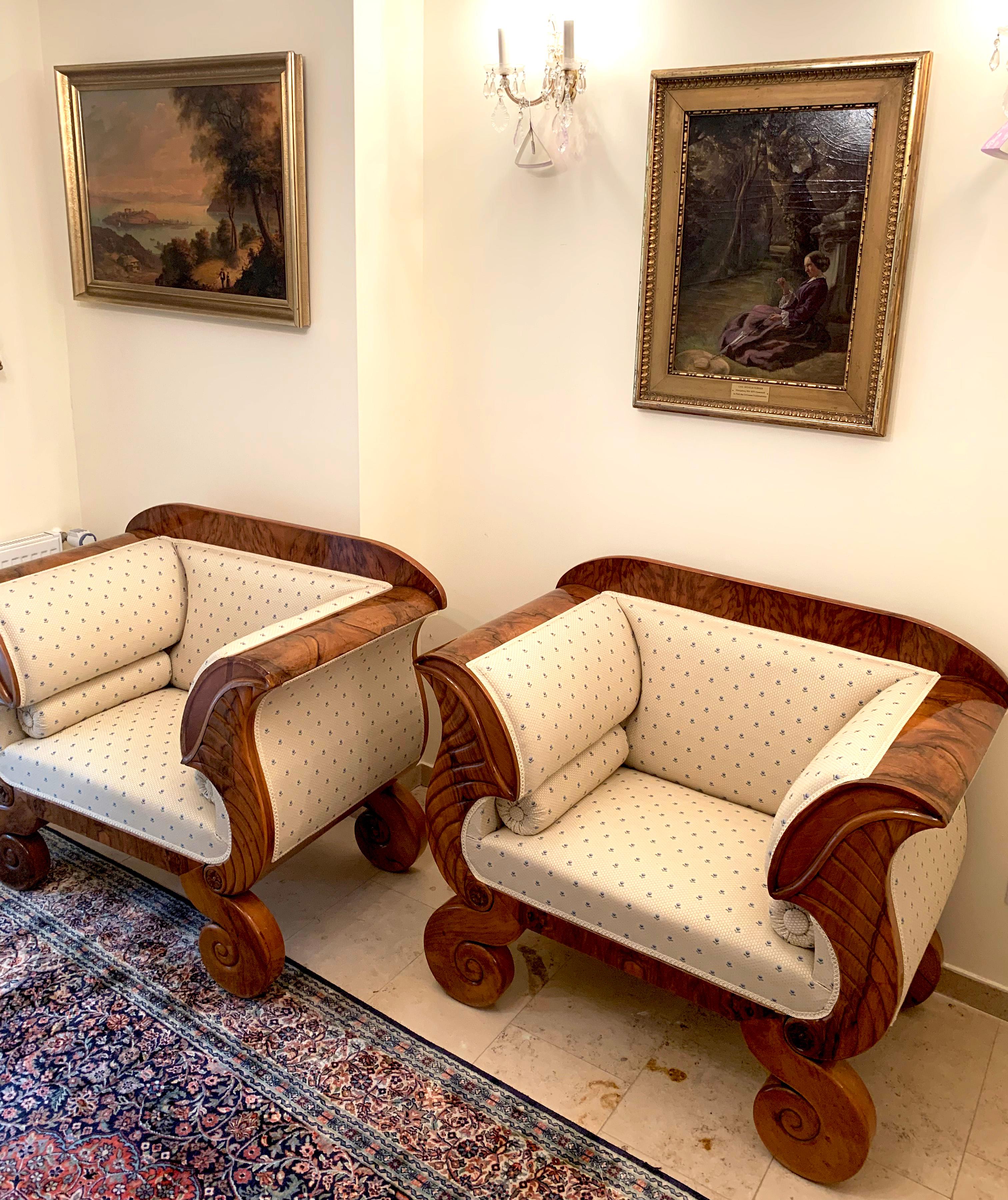 Two Large Biedermeier Armchairs Walnut Cream Material with Blue Flowers For Sale 8
