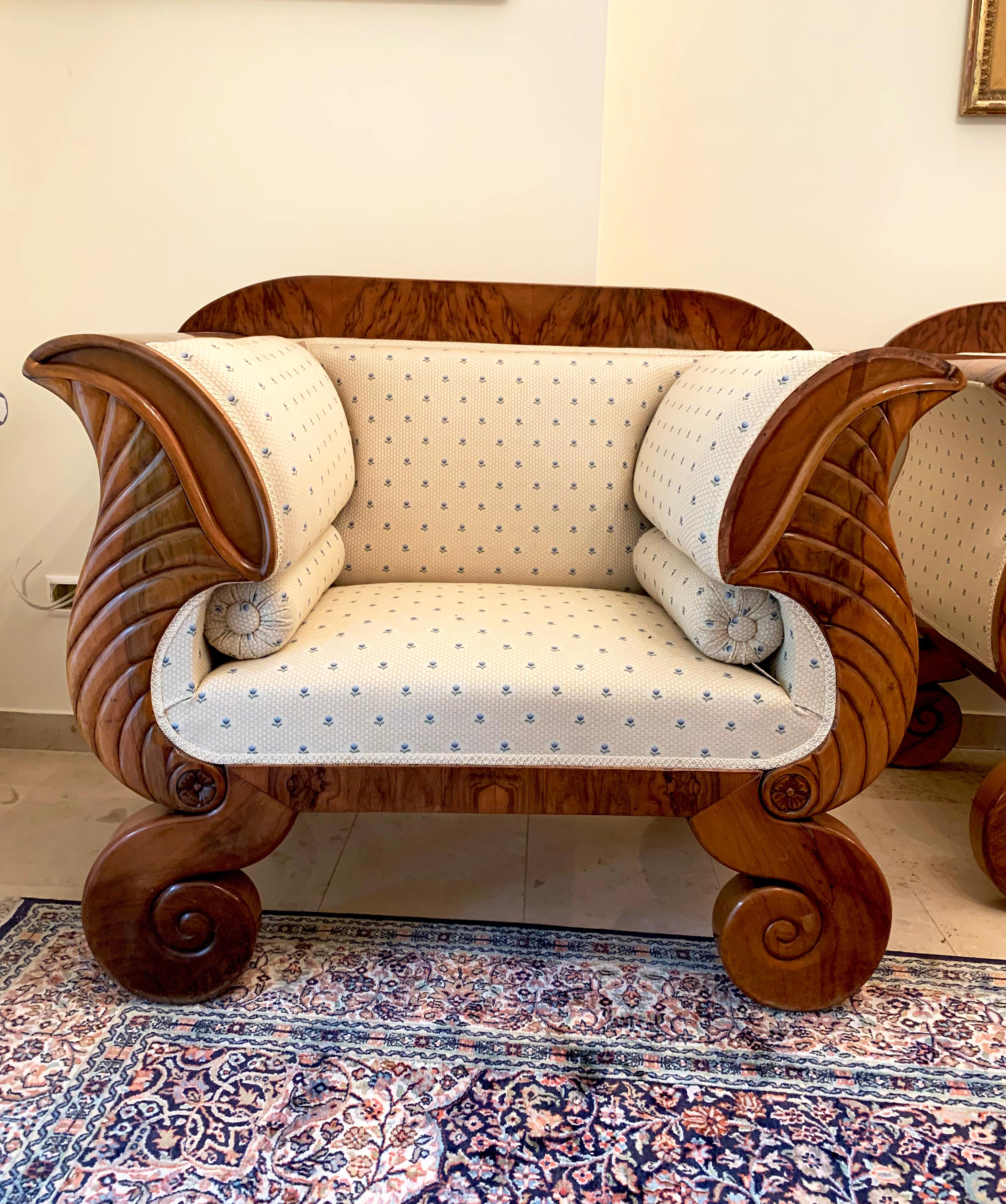 Mid-19th Century Two Large Biedermeier Armchairs Walnut Cream Material with Blue Flowers For Sale