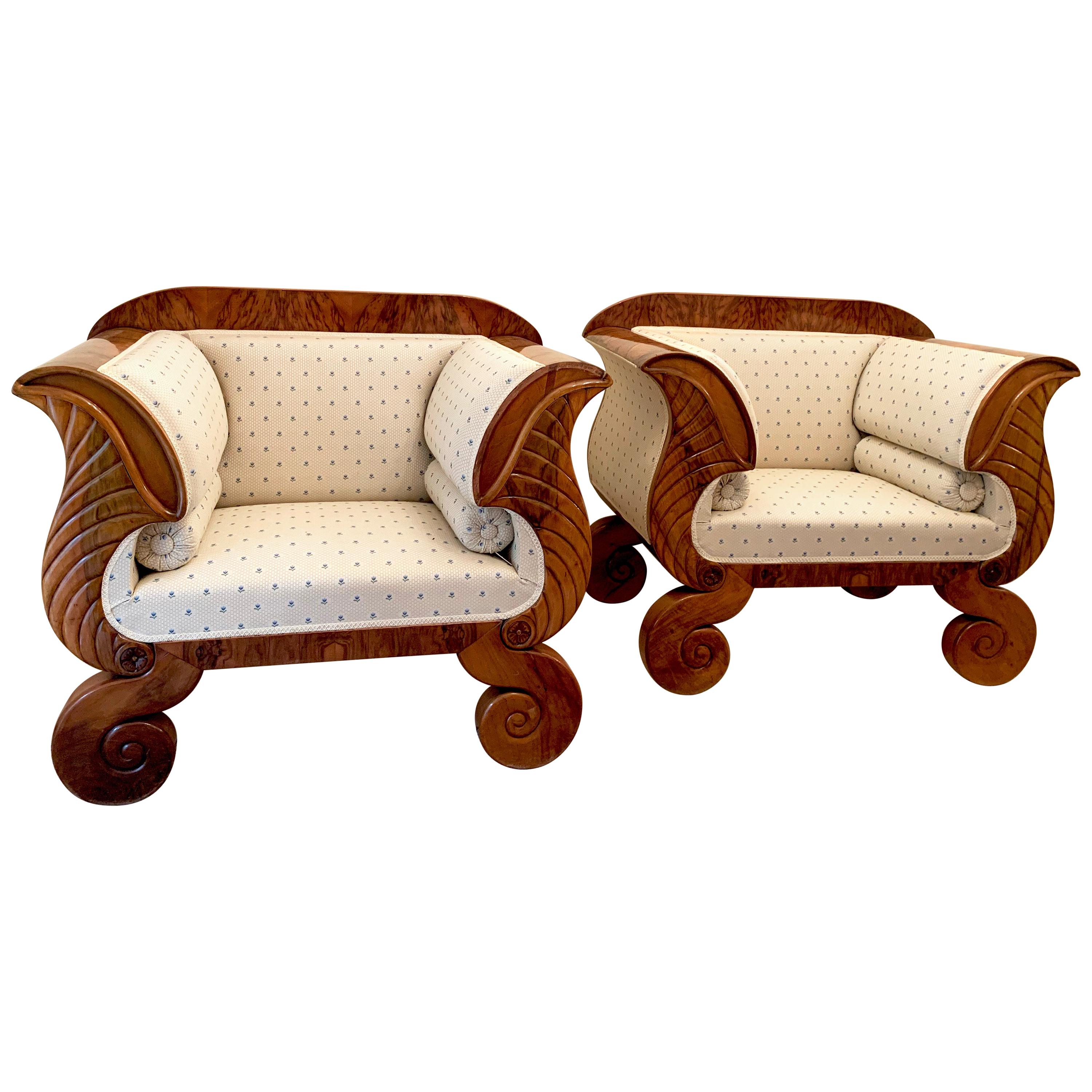 Two Large Biedermeier Armchairs Walnut Cream Material with Blue Flowers