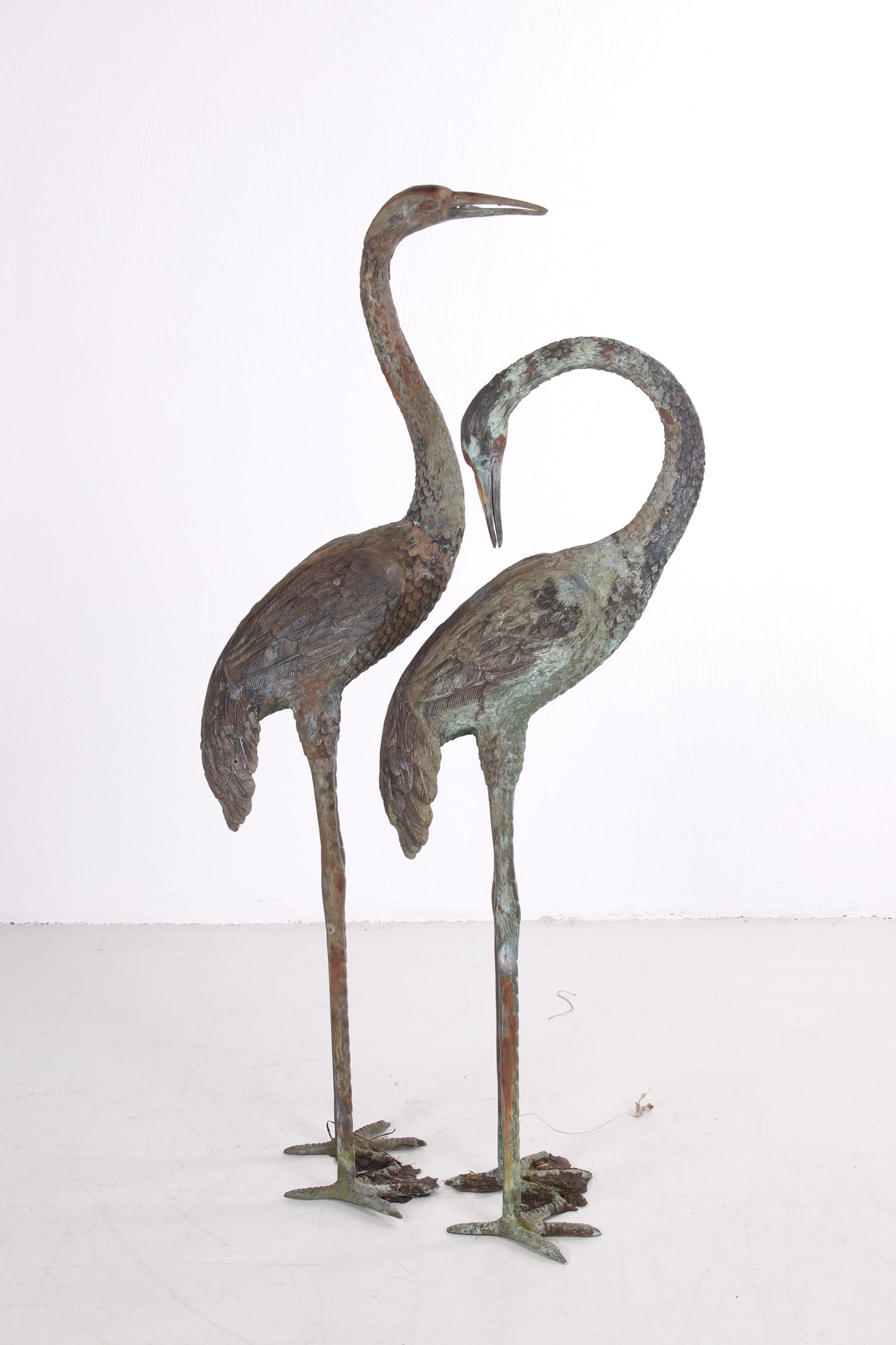 French Two Large Bronze Cranes in Hollywood Regency Style, 1970s