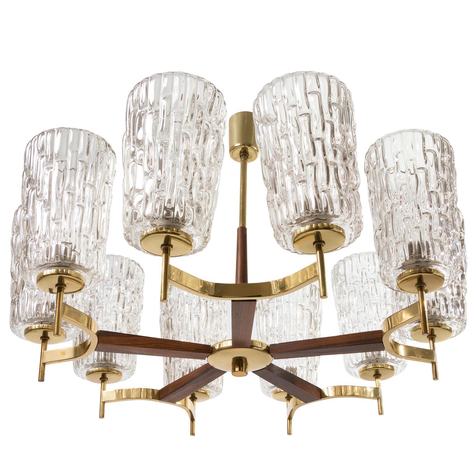 Mid-Century Modern Two Large Chandeliers by Rupert Nikoll, Brass Wood and Glass, Austria, 1960