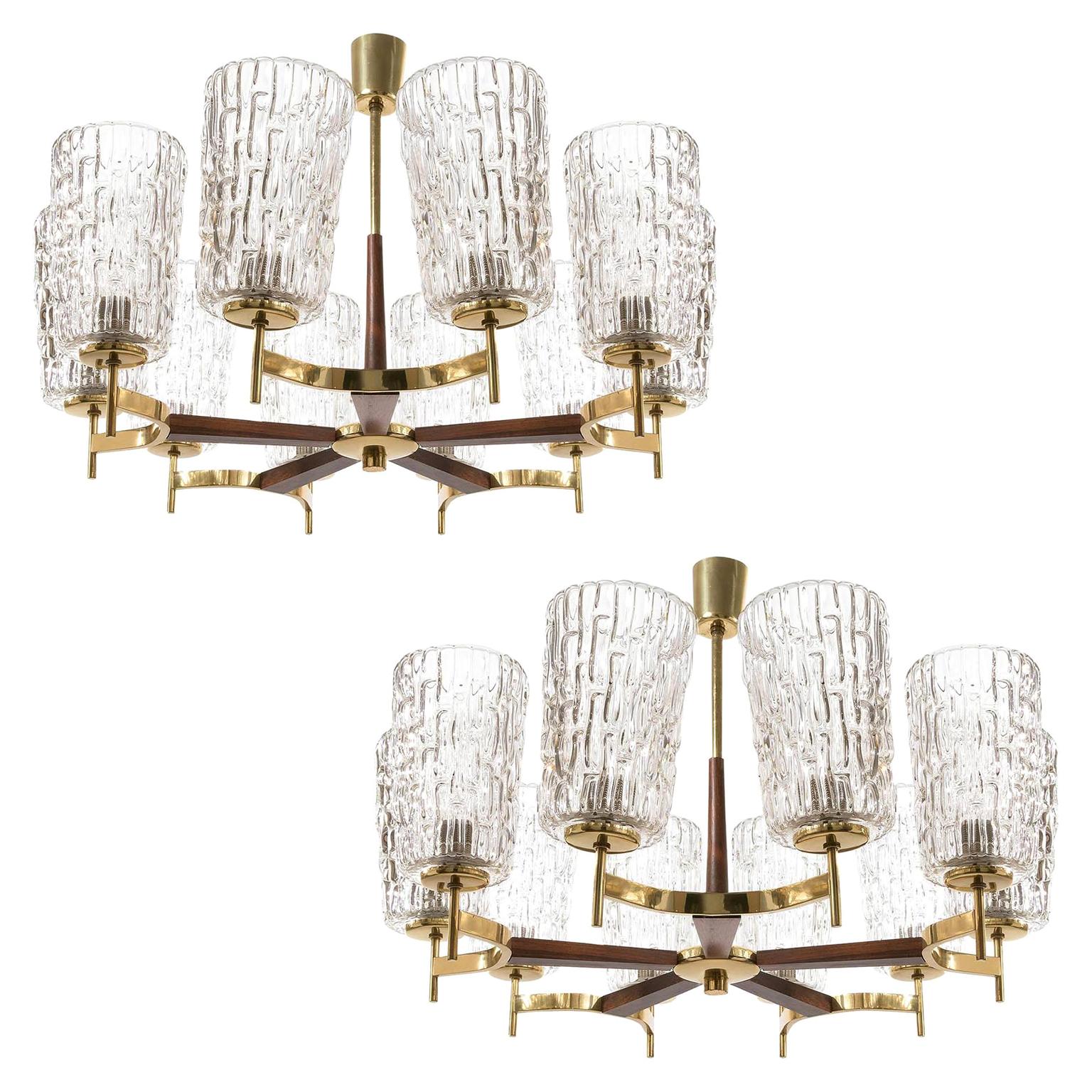 Two Large Chandeliers by Rupert Nikoll, Brass Wood and Glass, Austria, 1960
