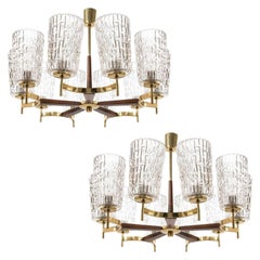 Two Large Chandeliers by Rupert Nikoll, Brass Wood and Glass, Austria, 1960