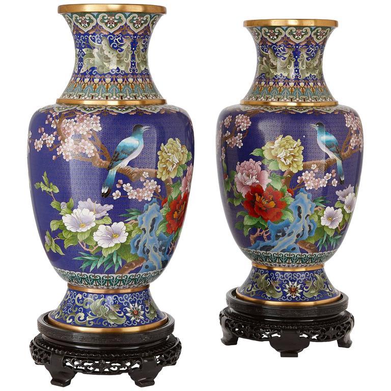 Chinese Export Two Large Chinese Cloisonné Enamel Vases with Wooden Bases